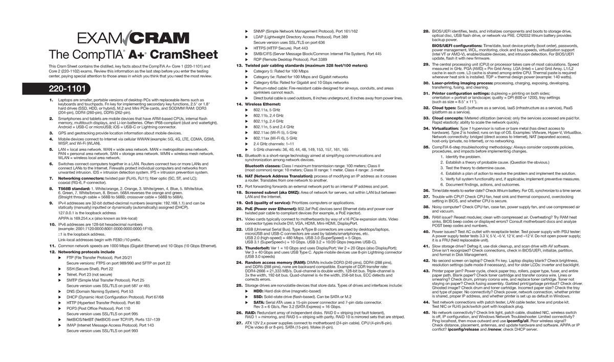 Exam Cram Cram Sheets 1101-1102 - The CompTIA ® A+ ® CramSheet This ...