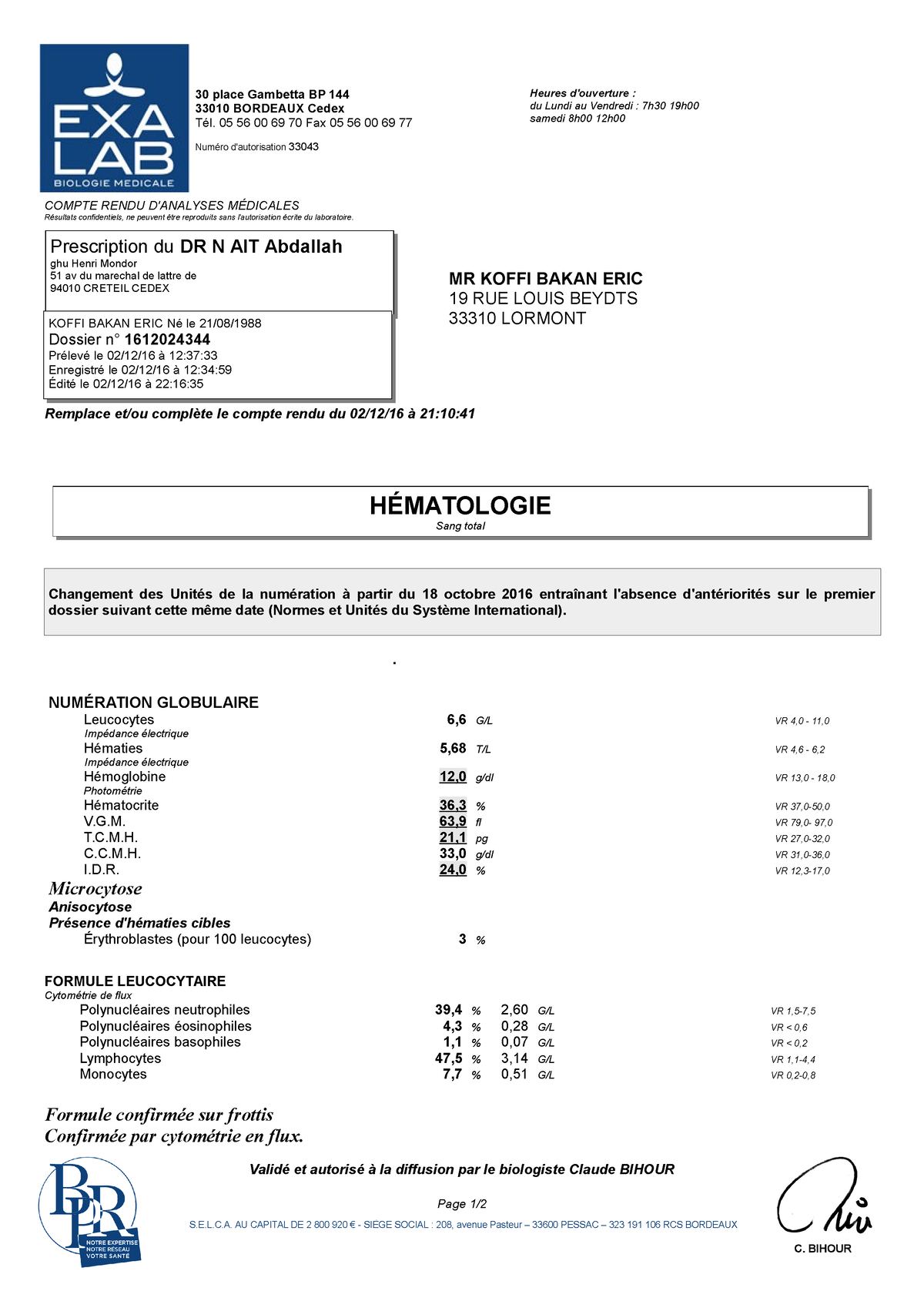 Exalab Hjioe Compte Rendu D Analyses M Dicales R Sultats Confidentiels Ne