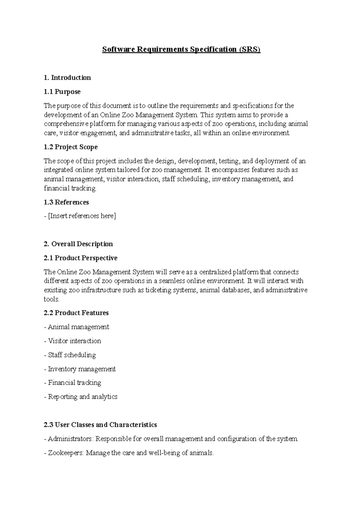 Zoo srs - its good - Software Requirements Specification (SRS ...