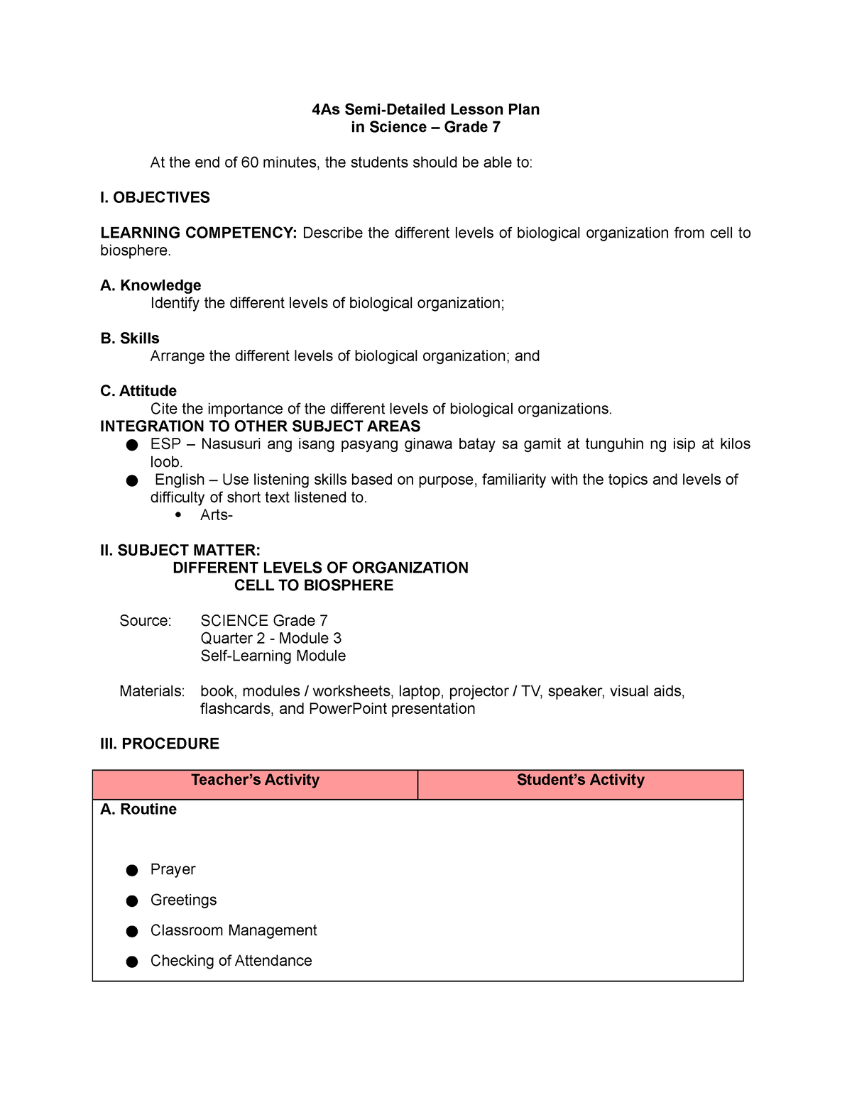 Cot 1 Science 7 Cell To Biosphere 4as Semi Detailed Lp 4as Semi Detailed Lesson Plan In 8336