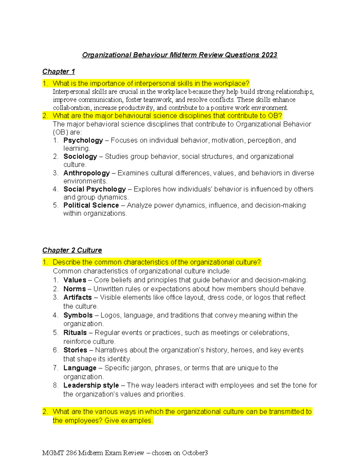 Organizational Behaviour Midterm Review Questions 2023 student review ...