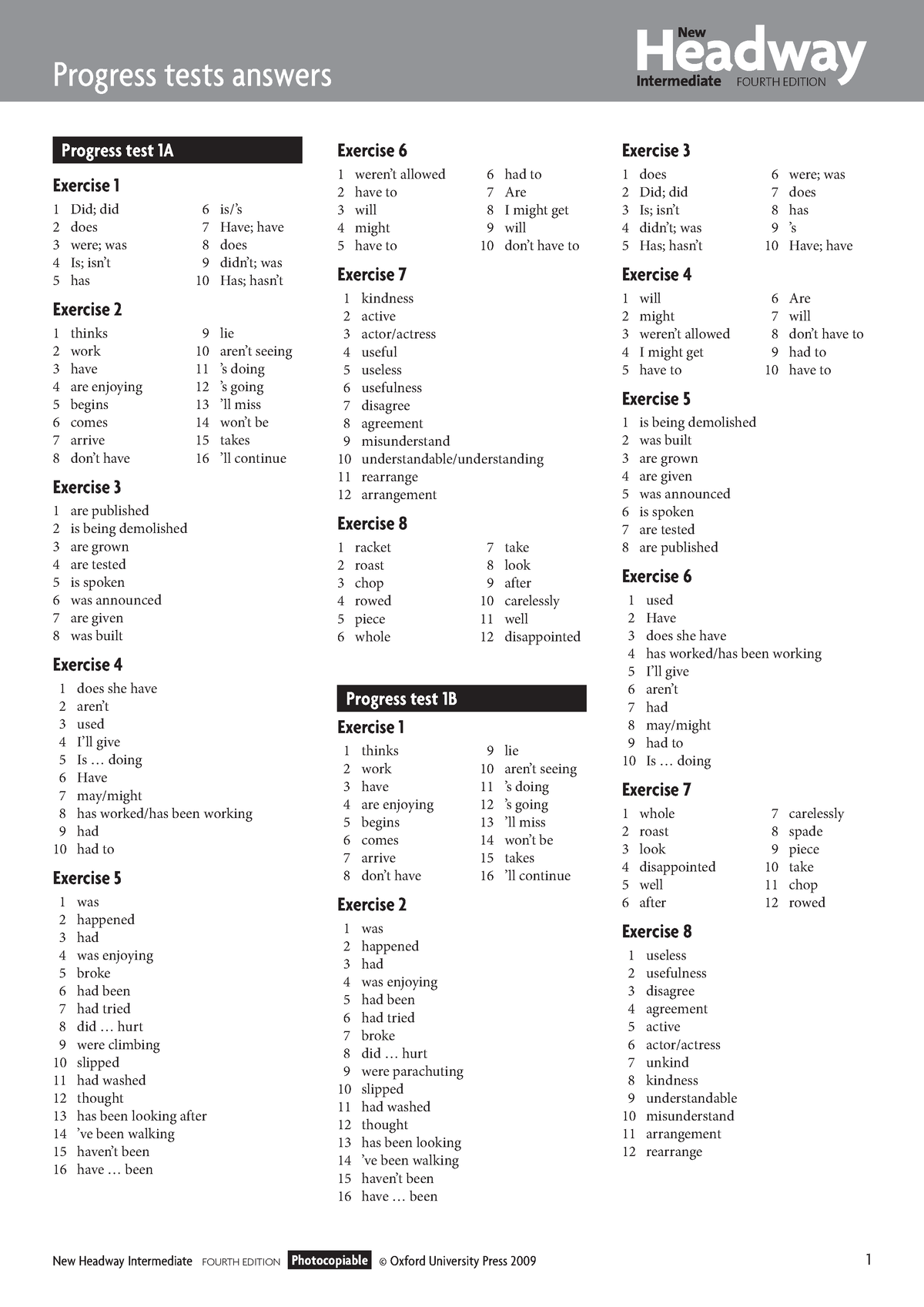 Hwy int progresstest answers - New Headway Intermediate FOURTH EDITION  Photocopiable © Oxford - Studocu