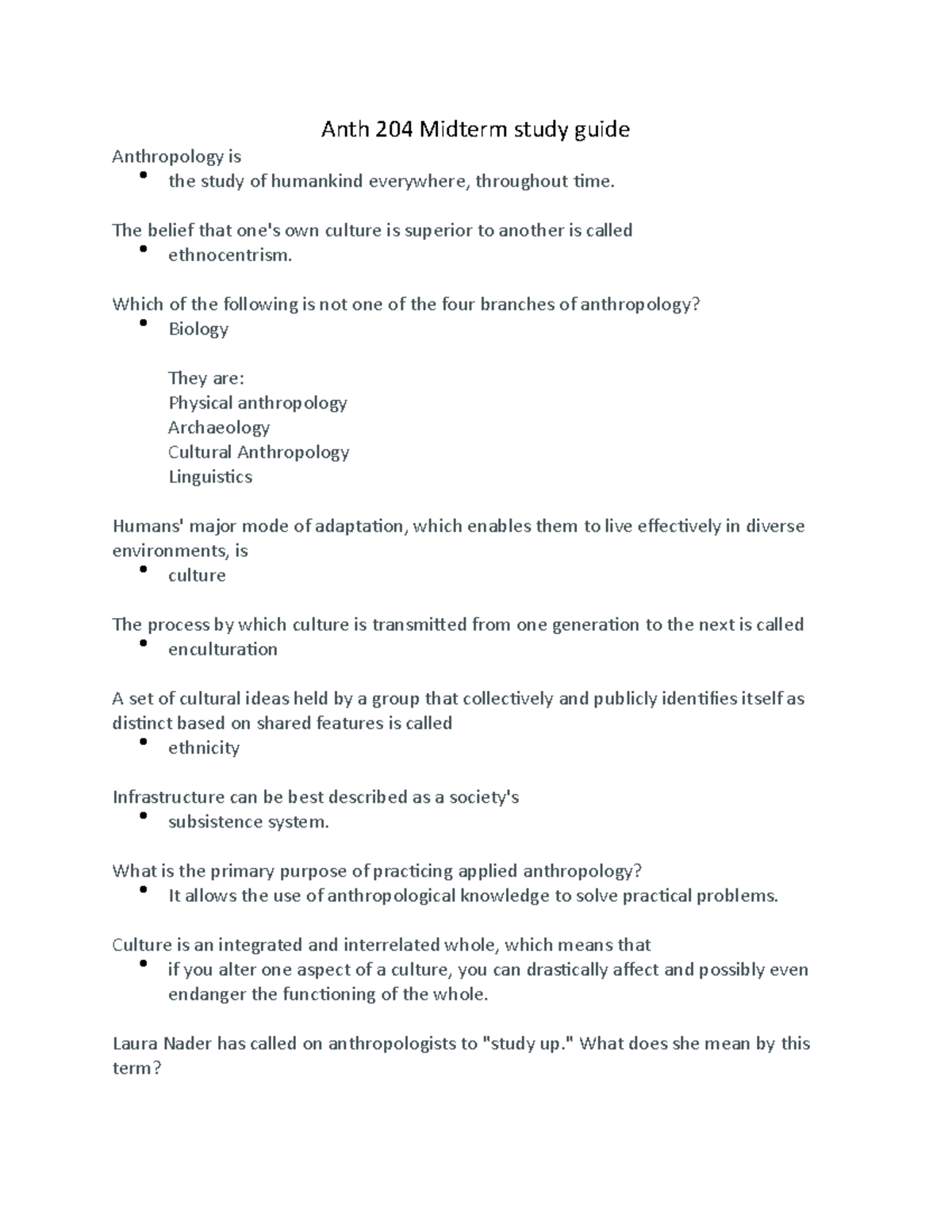 Anth 204 Midterm Study Guide The Belief That Own Culture Is Superior