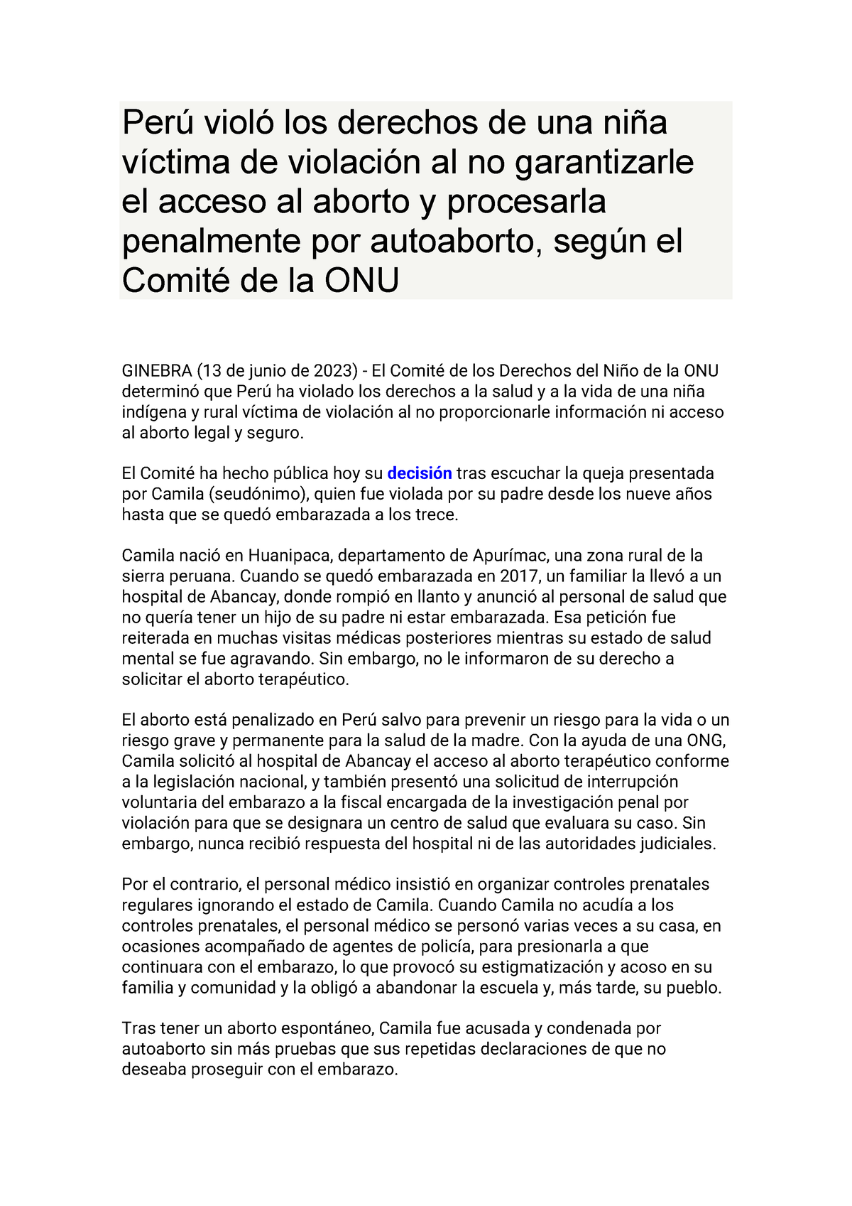 Perú Violó Los Derechos De Una Niña Víctima De Violación Al No Garantizarle El Acceso Al Aborto 2028