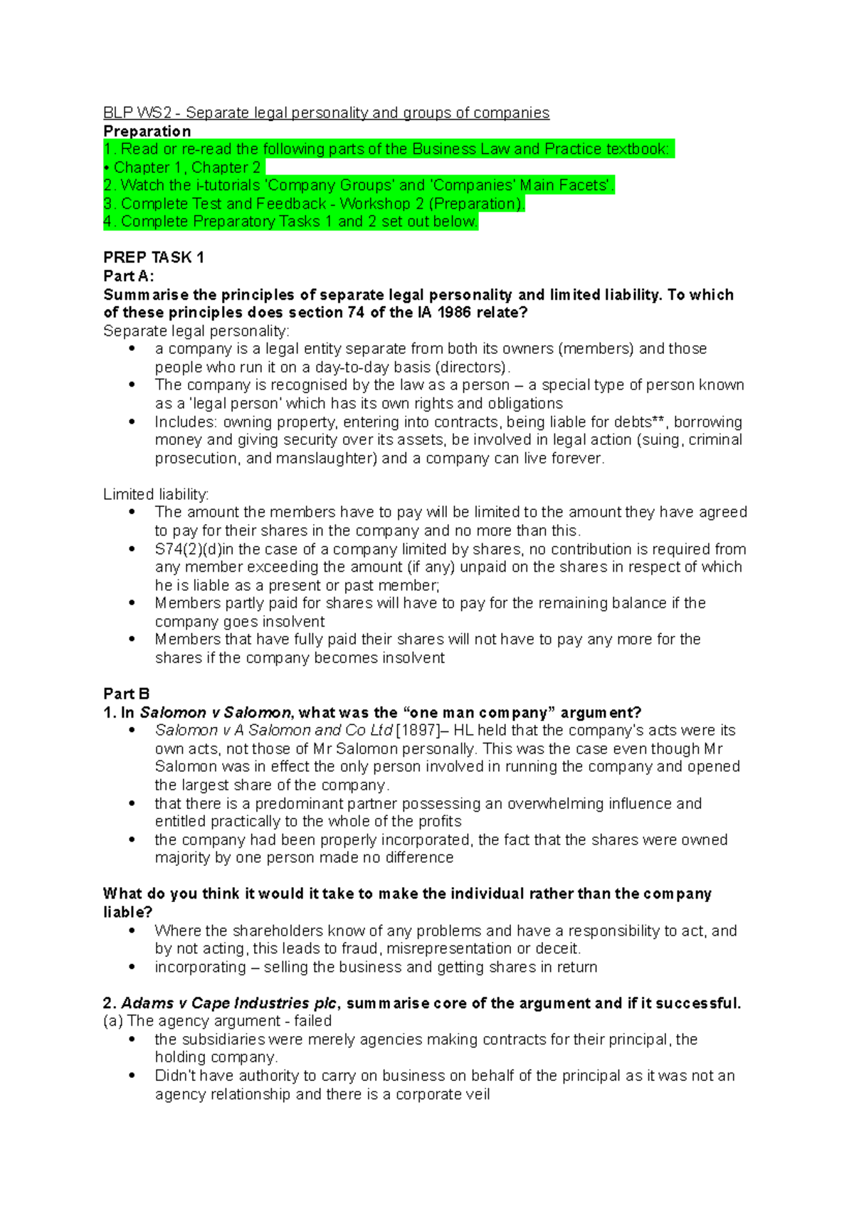 BLP WS2 notes - BLP WS2 - Separate legal personality and groups of ...