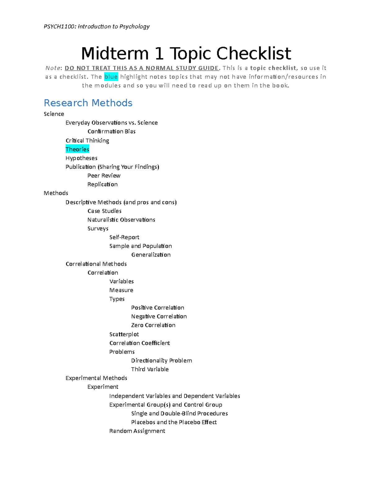 Exam 1 Topic Checklist - Midterm 1 Topic Checklist Note: DO NOT TREAT ...