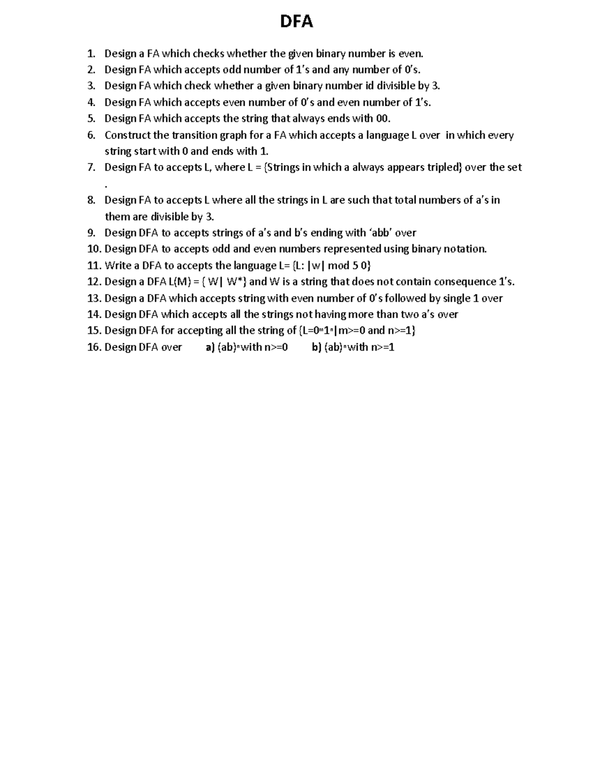 Construction of dfa - notes - DFA Design a FA which checks whether the ...