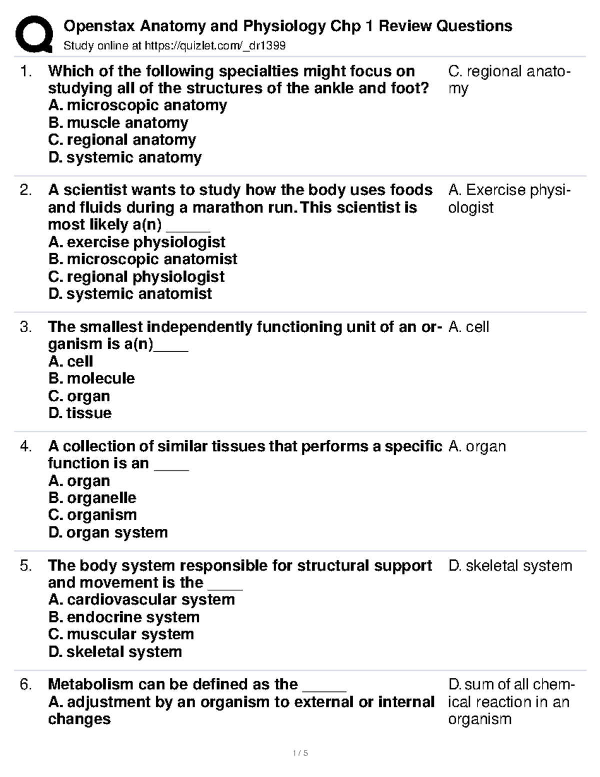 Openstax Anatomy and Physiology Chp 1 review questions - Study online ...