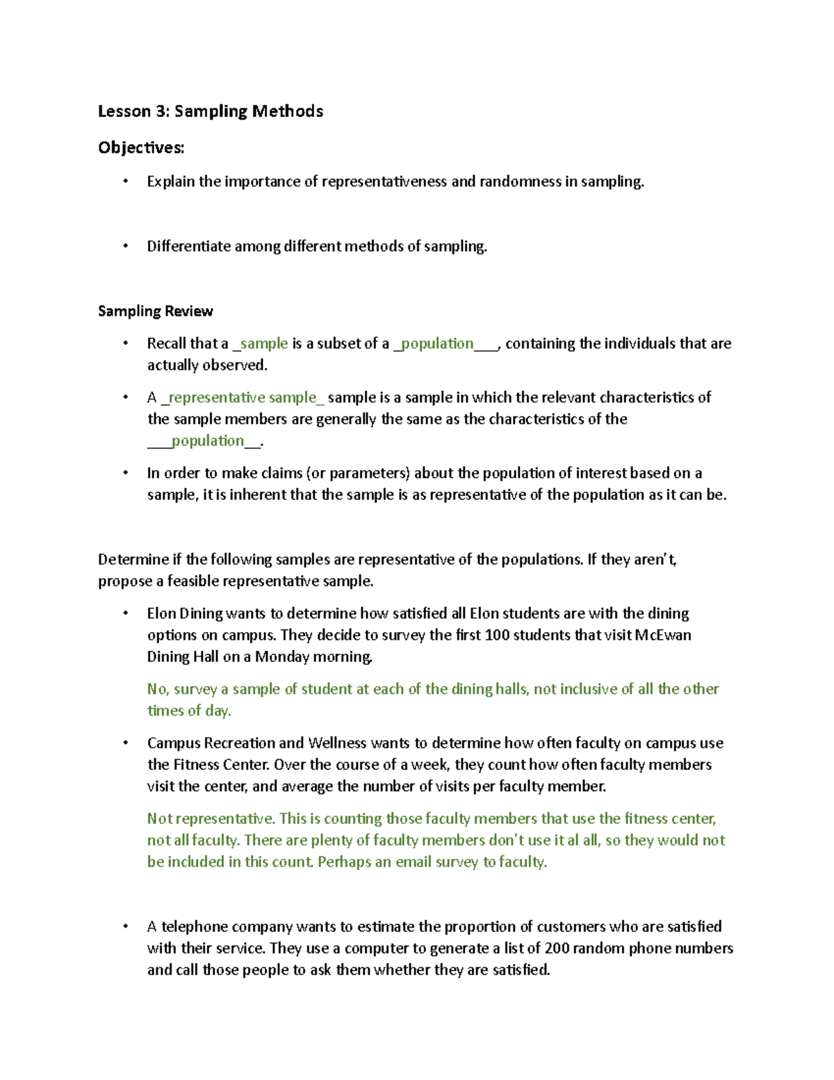 Lesson 3 Sampling Methods - Lesson 3: Sampling Methods Objectives ...