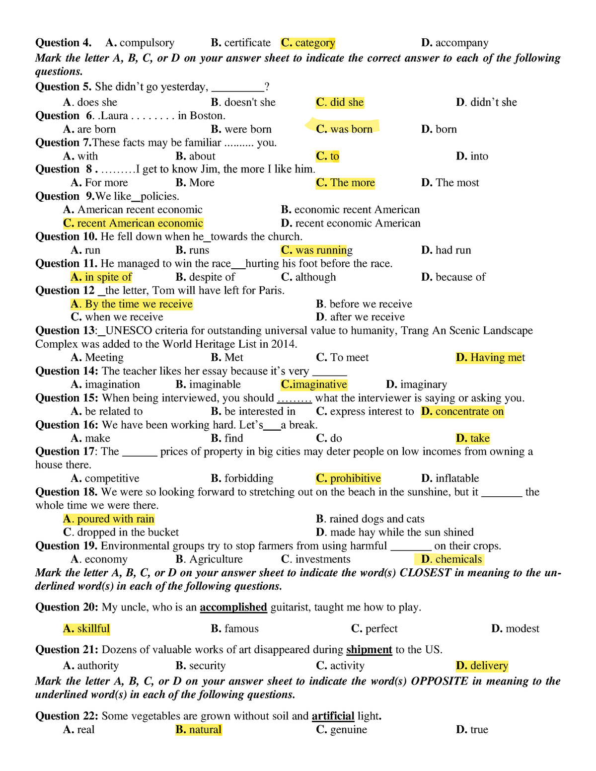 Đề thi thử tiếng anh 2022- Đề 3 - Question 4. A. compulsory B ...