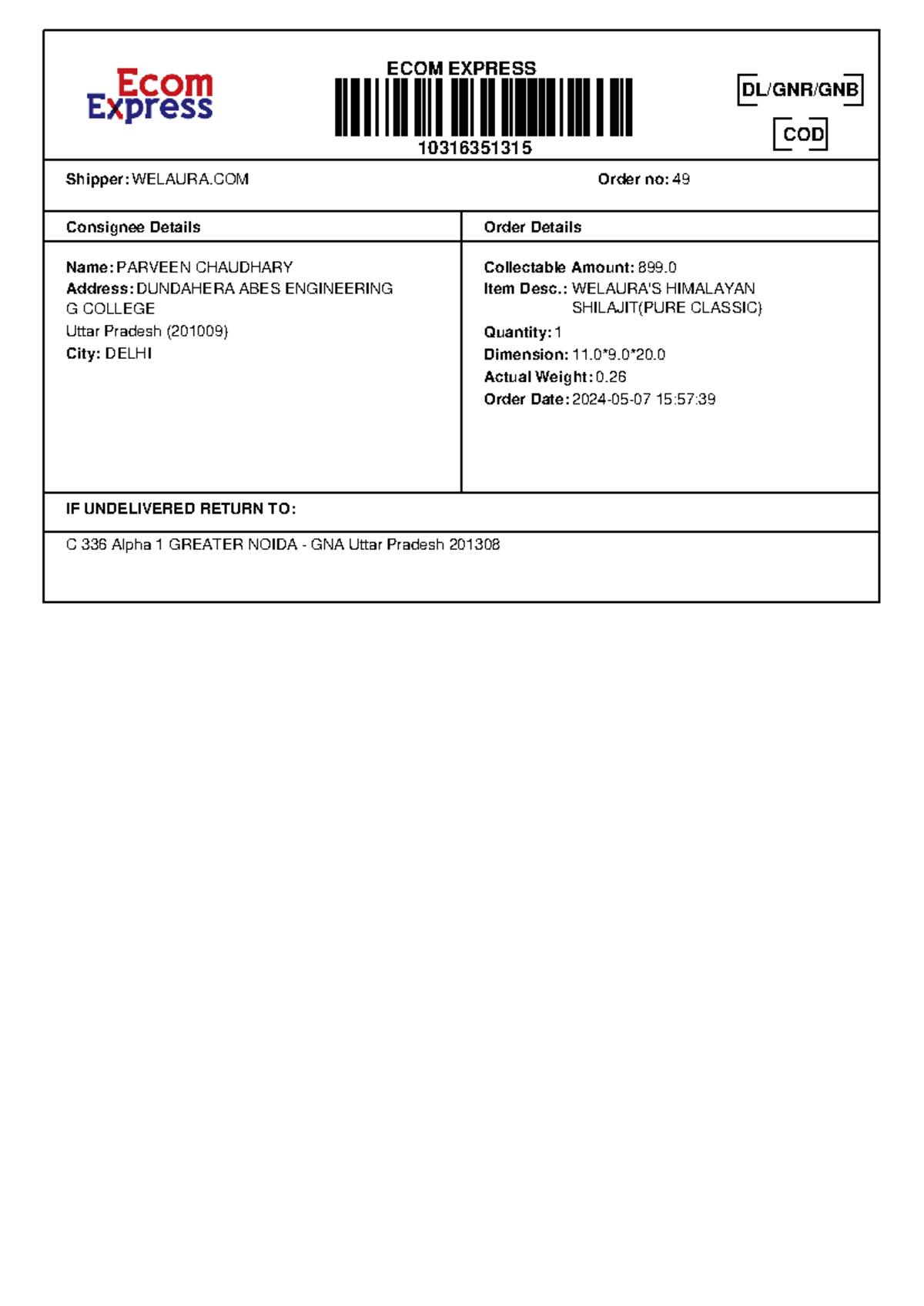 Labels (62) - Operating system - DL/GNR/GNB COD ECOM EXPRESS ...