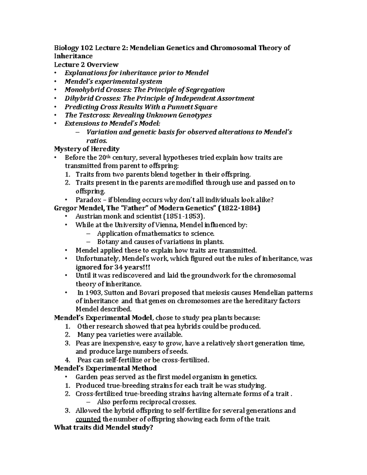 Lecture+2+ Notes - Biology 102 Lecture 2: Mendelian Genetics and ...