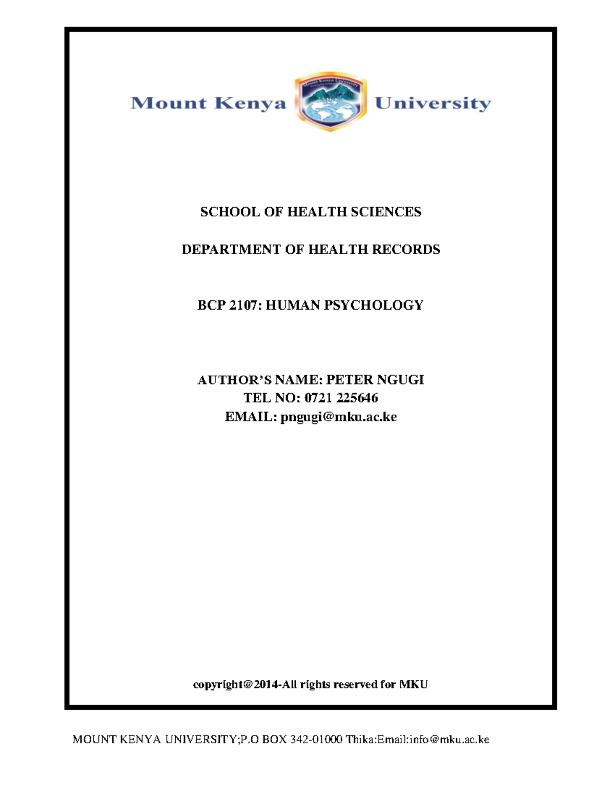 BCP 2107 Human Psychology MOUNT KENYA UNIVERSITY;P BOX 34201000