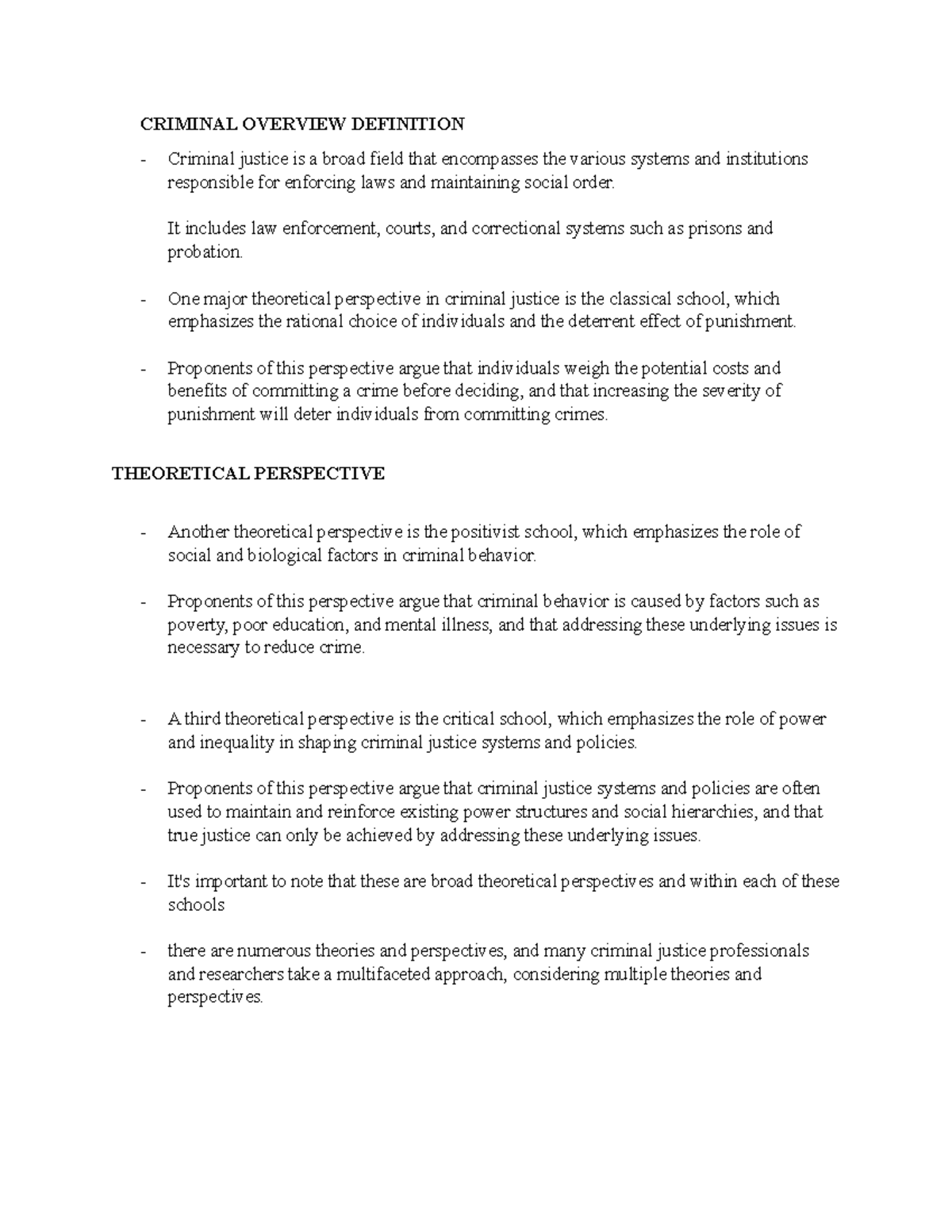 Overview OF Criminal Justice Notes 1 CRIMINAL OVERVIEW DEFINITION