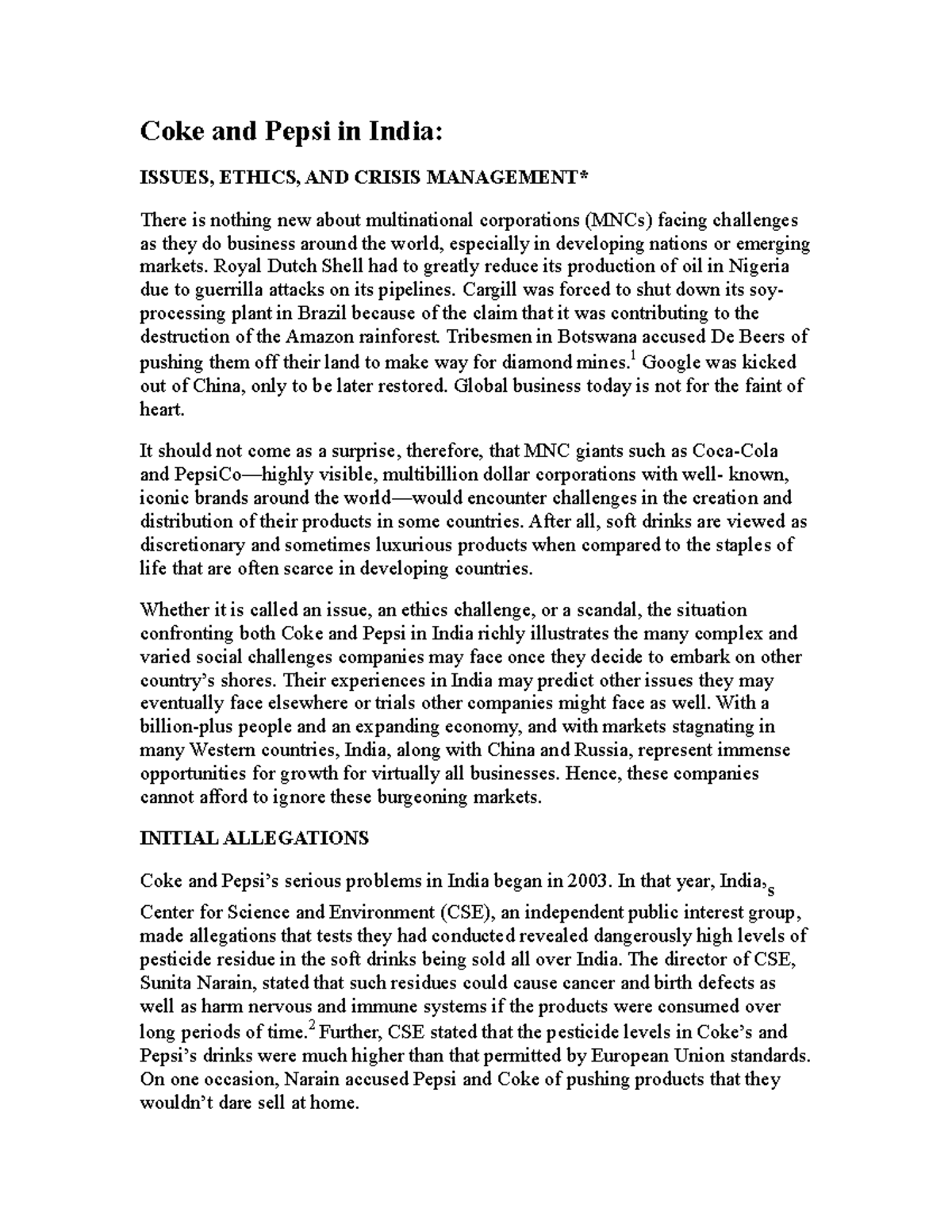 Coke and Pepsi in India allegations and CSR practice Coke and Pepsi