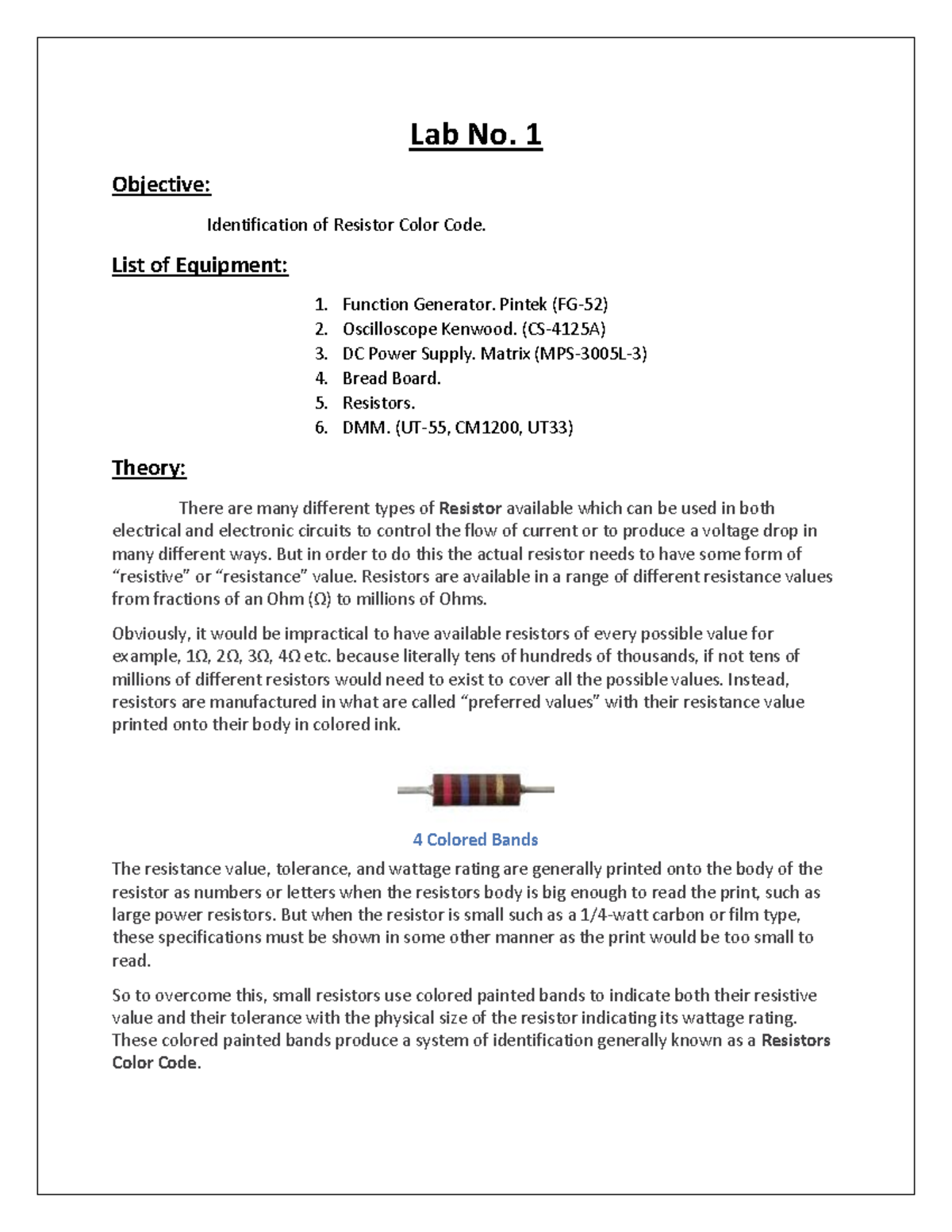 Lab 1 Lab Lab No. 1 Objective Identification of Resistor Color