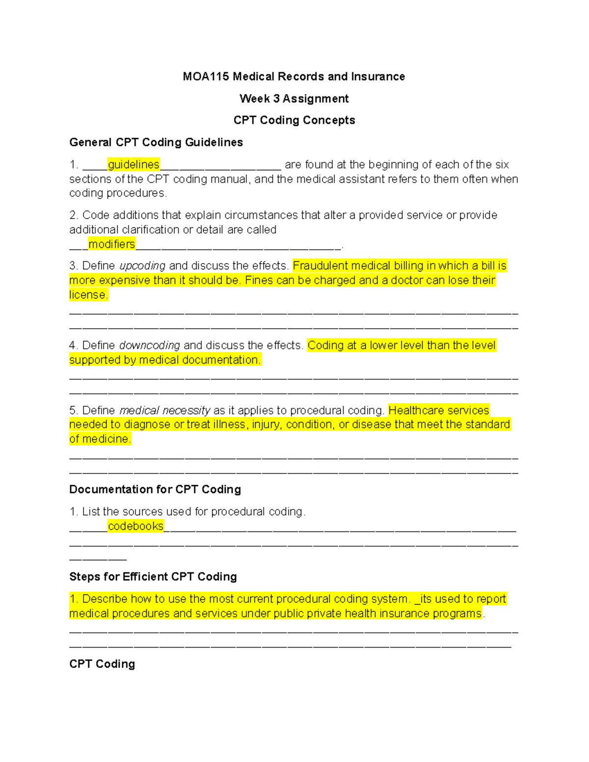 MOA115 Week 3 Assignment - MOA115 Medical Records And Insurance Week 3 ...