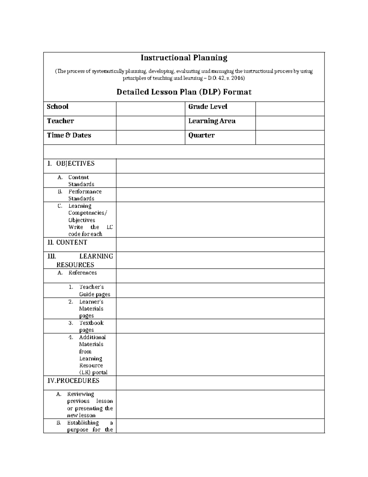 Detailed Lesson Plan - Instructional Planning (The process of ...