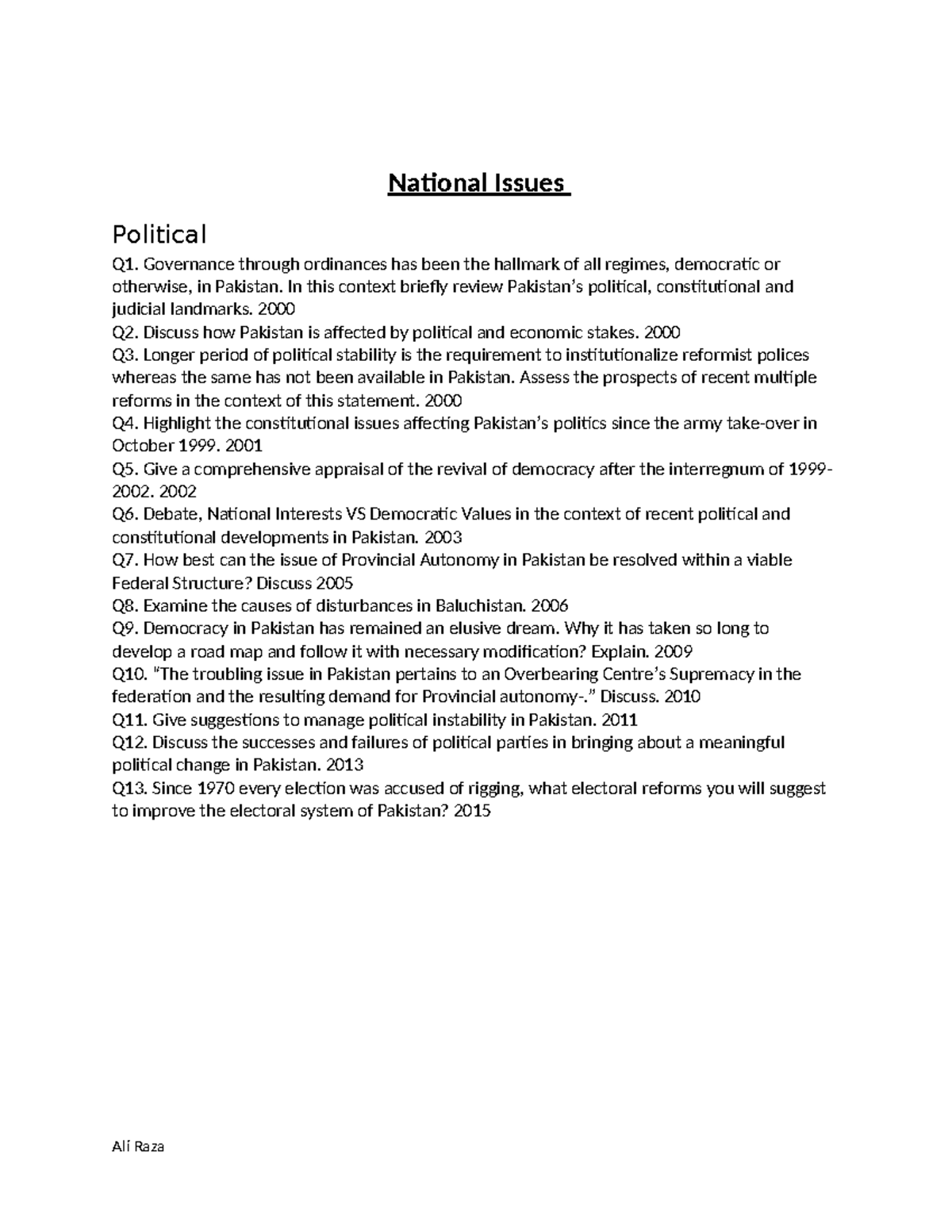 C.A. topic-wise compiled past papers - National Issues Political Q1 ...