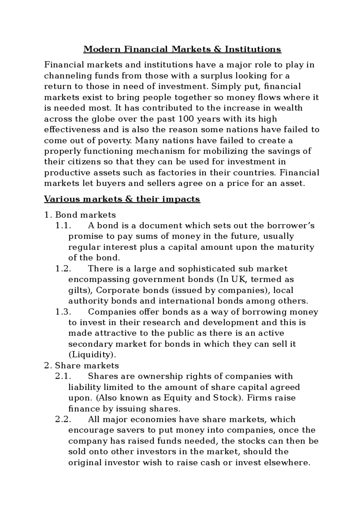 Notes on Week 1 lecture - Modern Financial Markets & Institutions ...