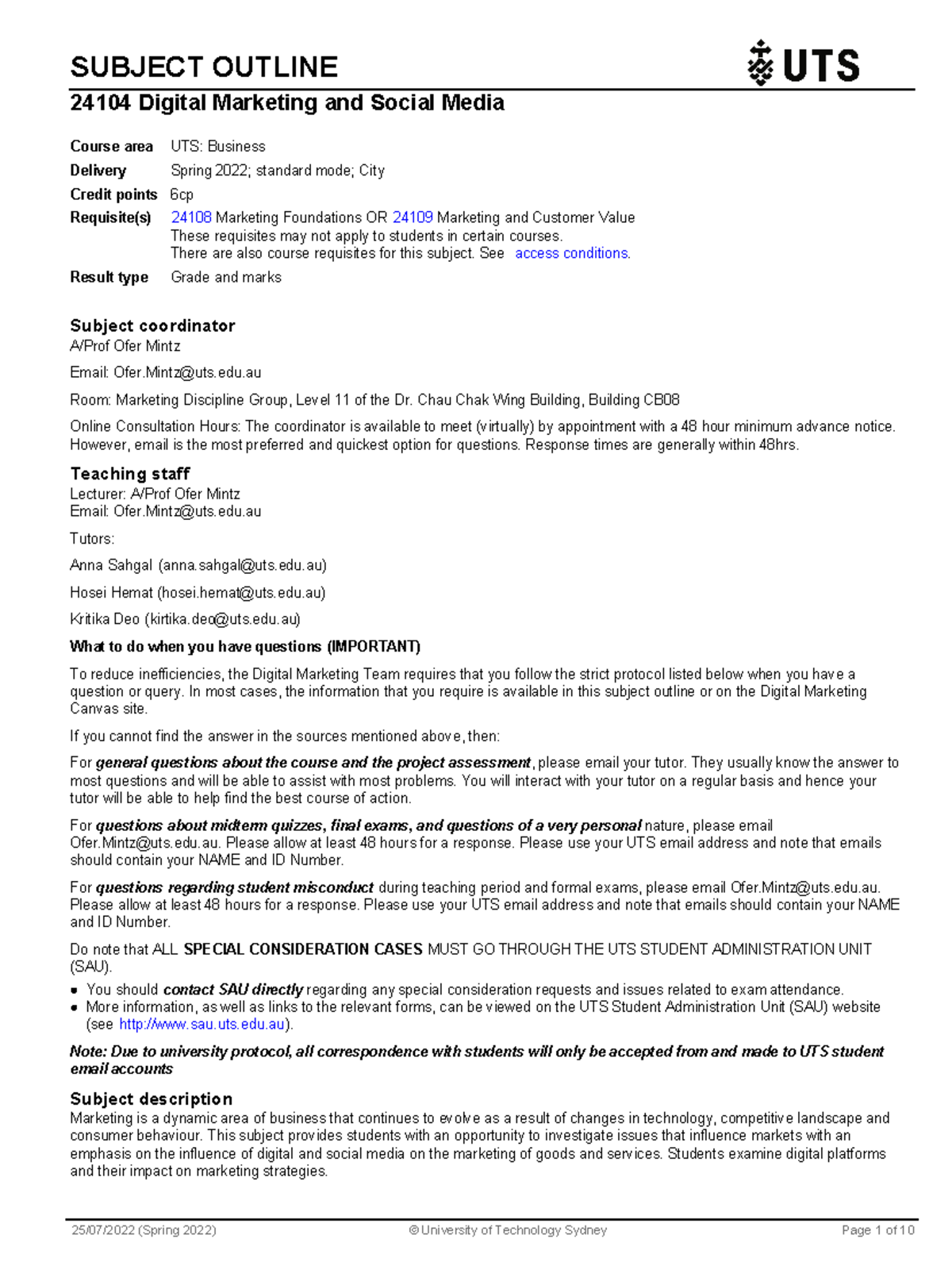 Subject Outline SUBJECT OUTLINE 24104 Digital Marketing and Social