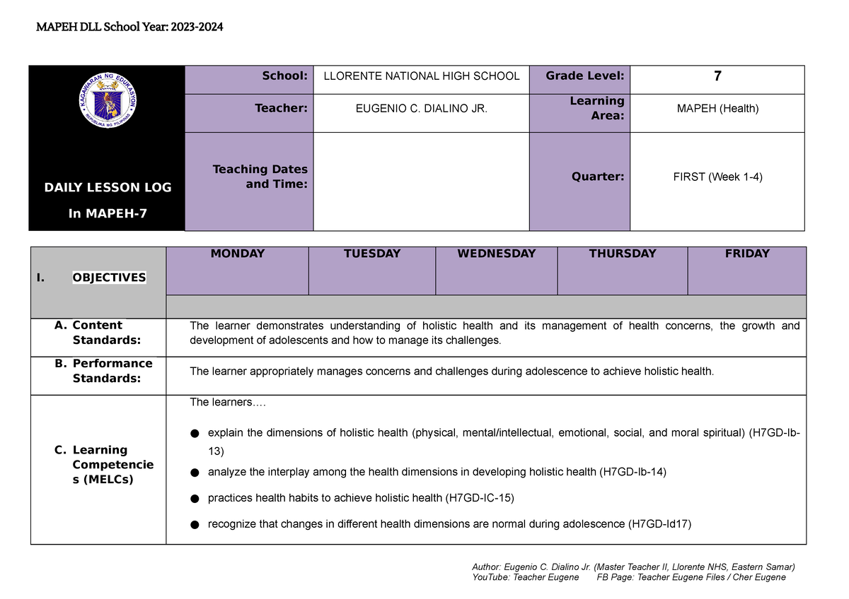 Q1 DLL- Mapeh 7- Health - DLL - DAILY LESSON LOG In MAPEH- School ...