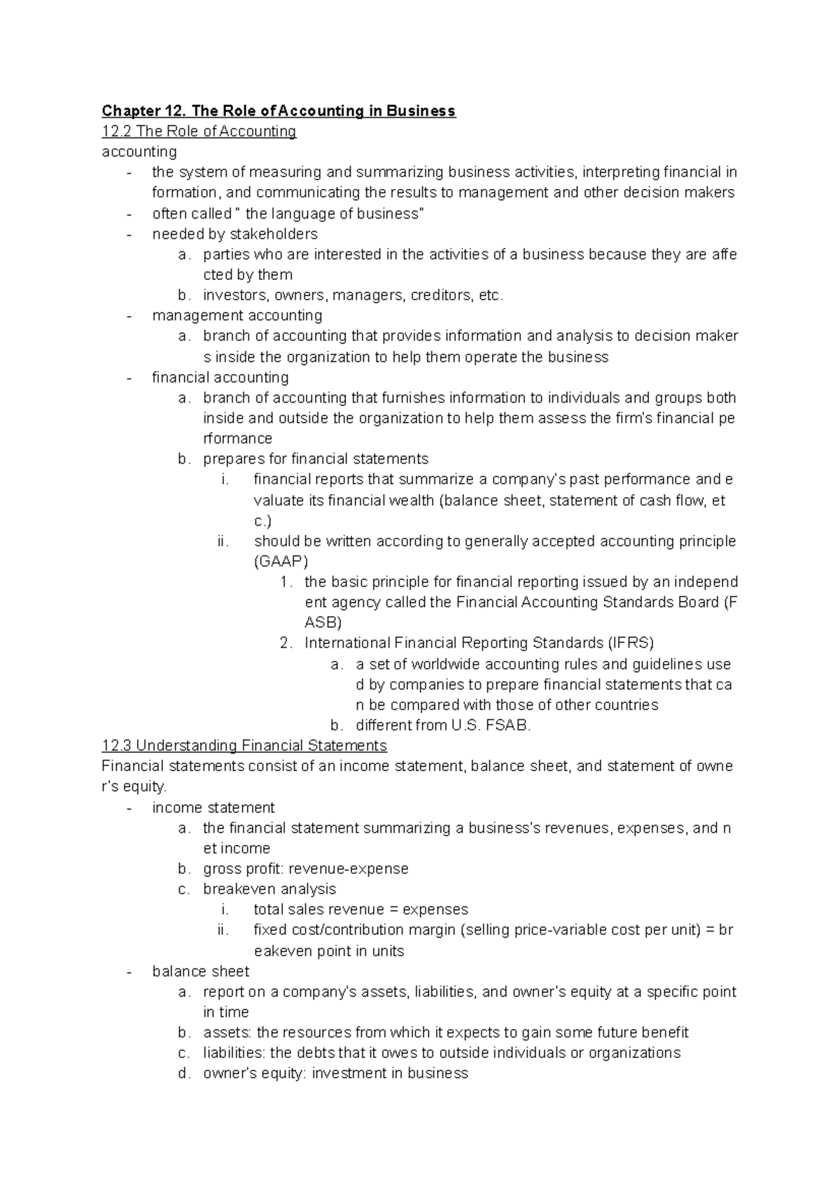 B- chapter 12 notes - Chapter 12. The Role of Accounting in Business 12 ...