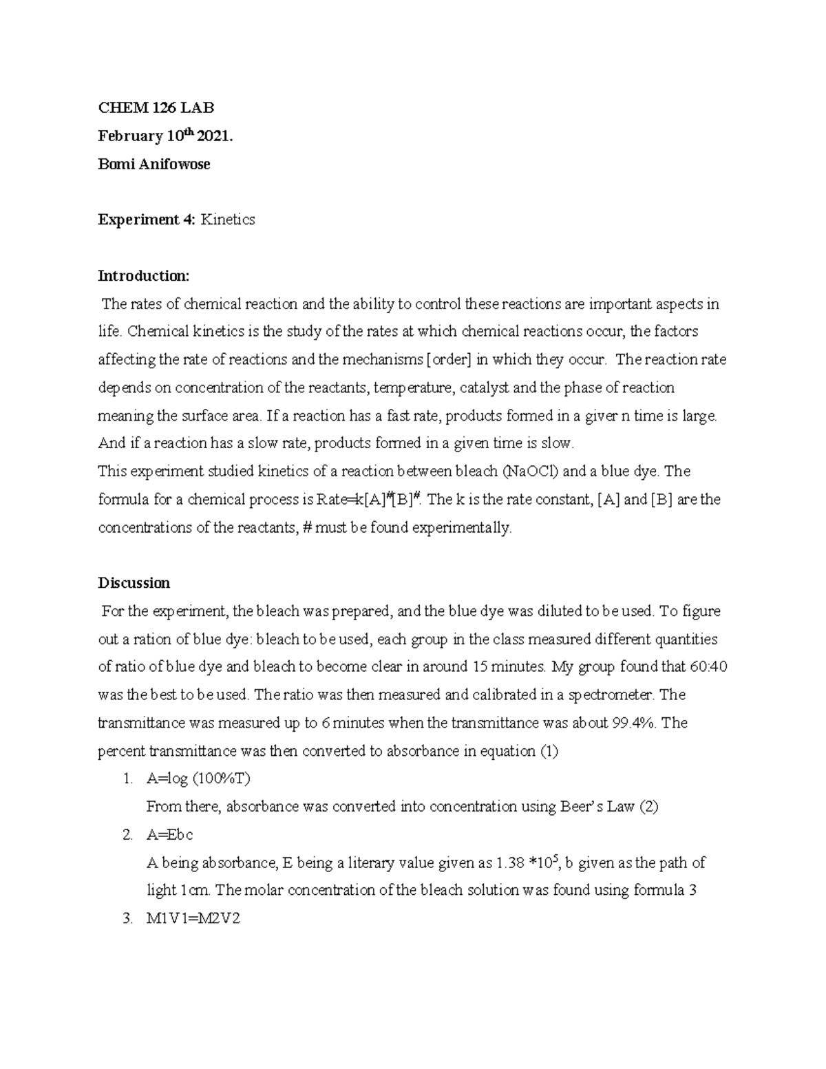 Lab Report ChemC126 IUPUI Studocu