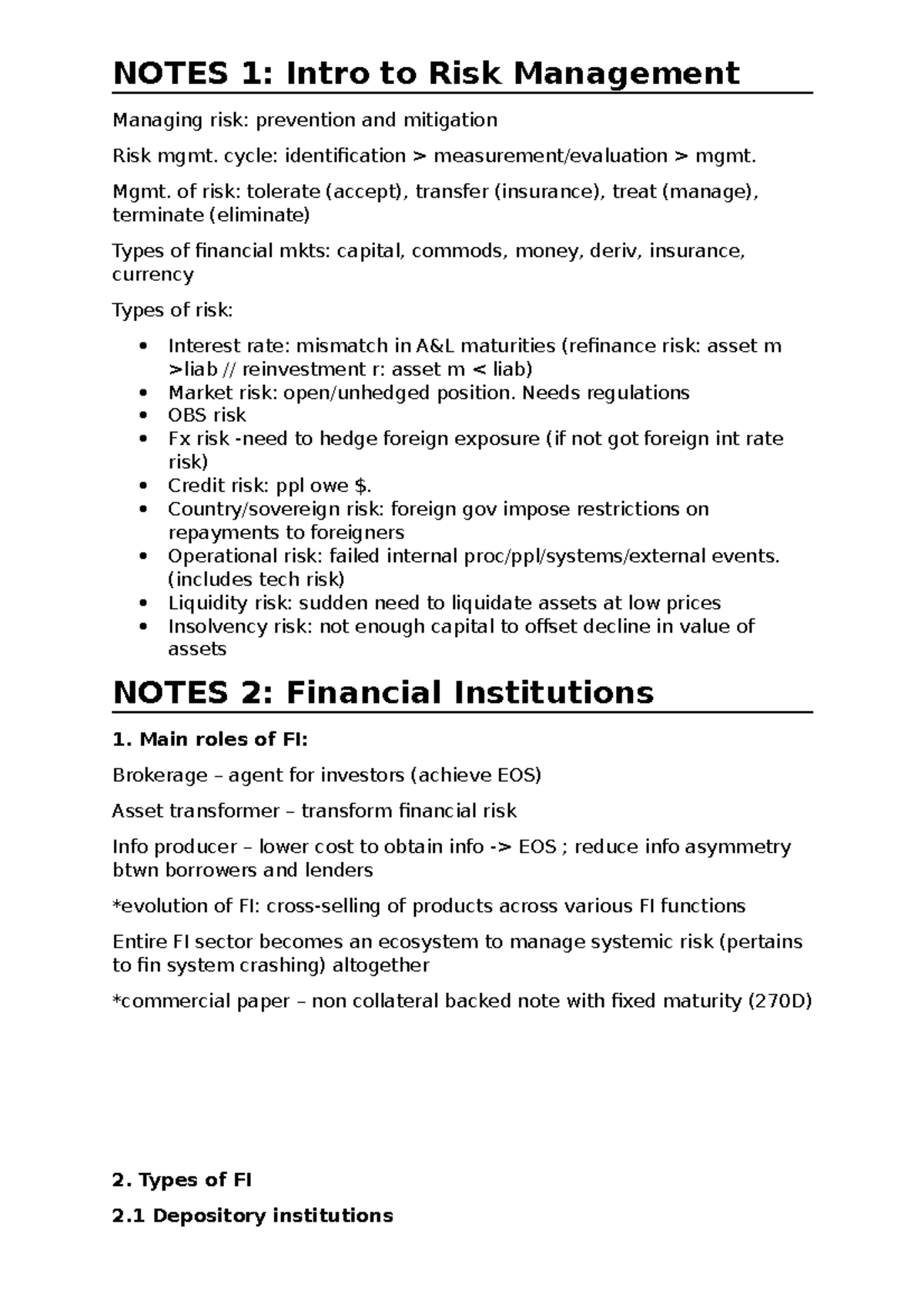 Global financial risk mgmt (qf305) finance smu 2019 - NOTES 1: Intro to ...