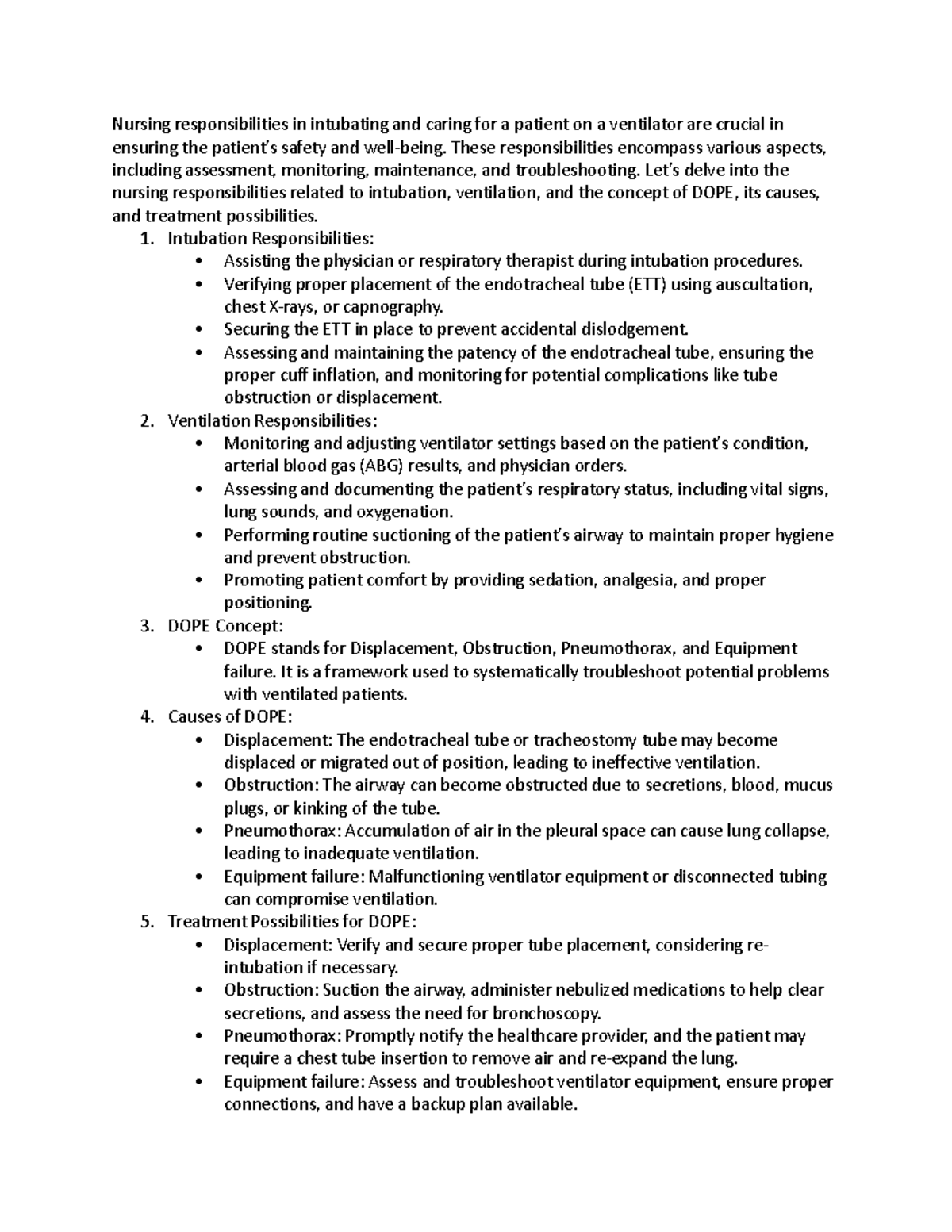 Nursing responsibilities in intubating and caring for a patient on a ...