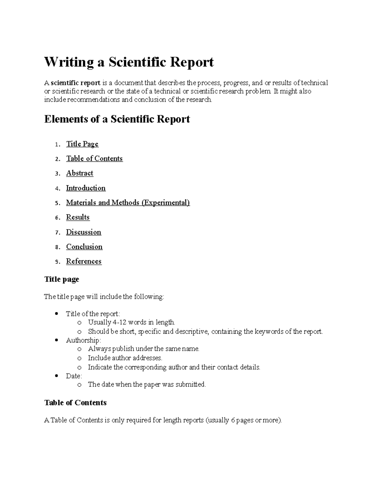 presentation of a scientific report