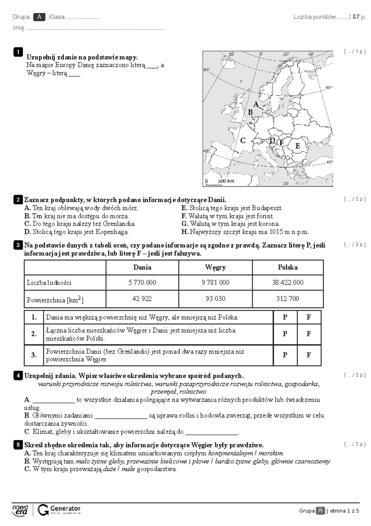Dział. IV. Gospodarka Europy Test (z widoczną punktacją) - Grupa A