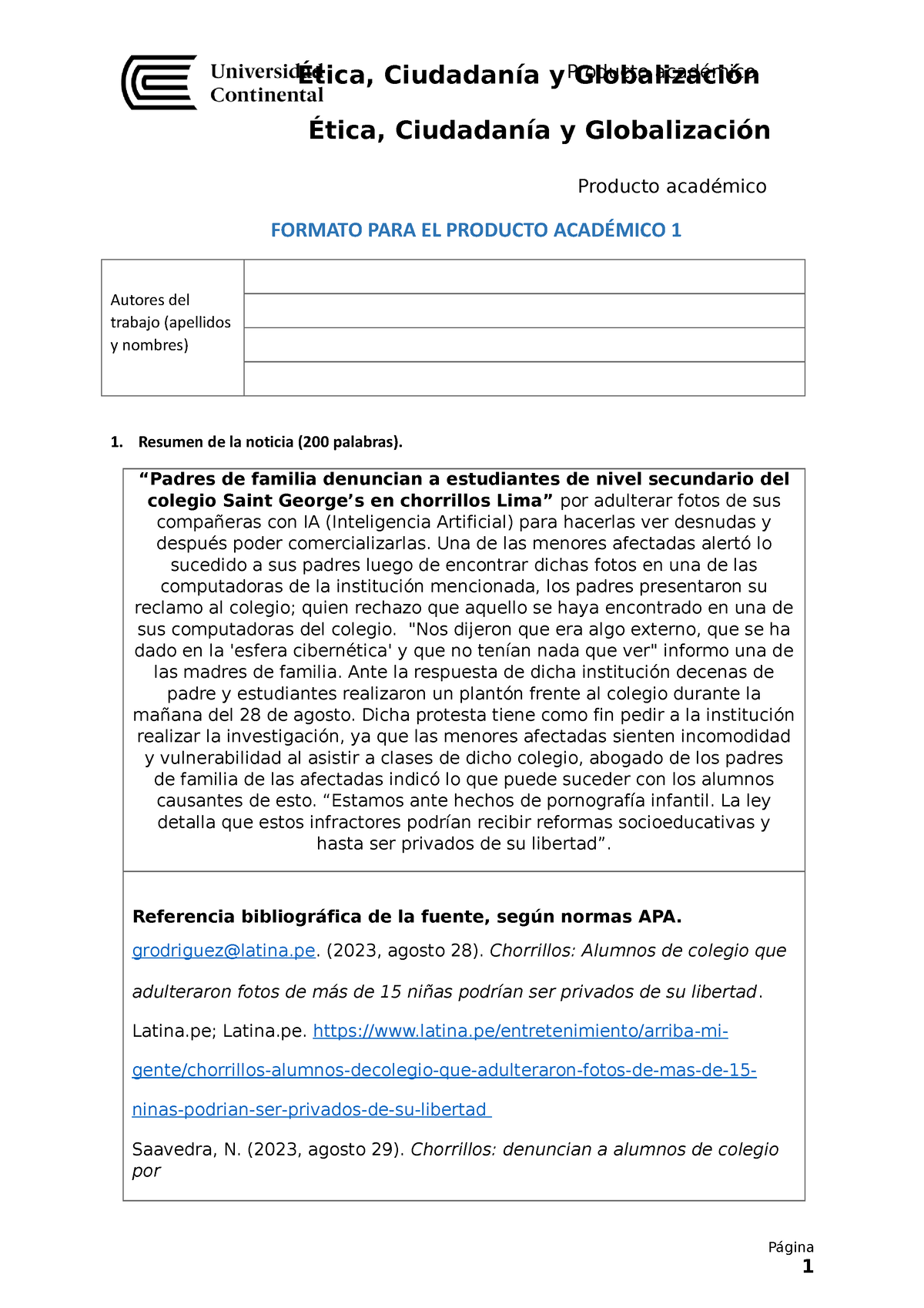 Mi Producto Academico 1 - FORMATO PARA EL PRODUCTO ACADÉMICO 1 Autores ...