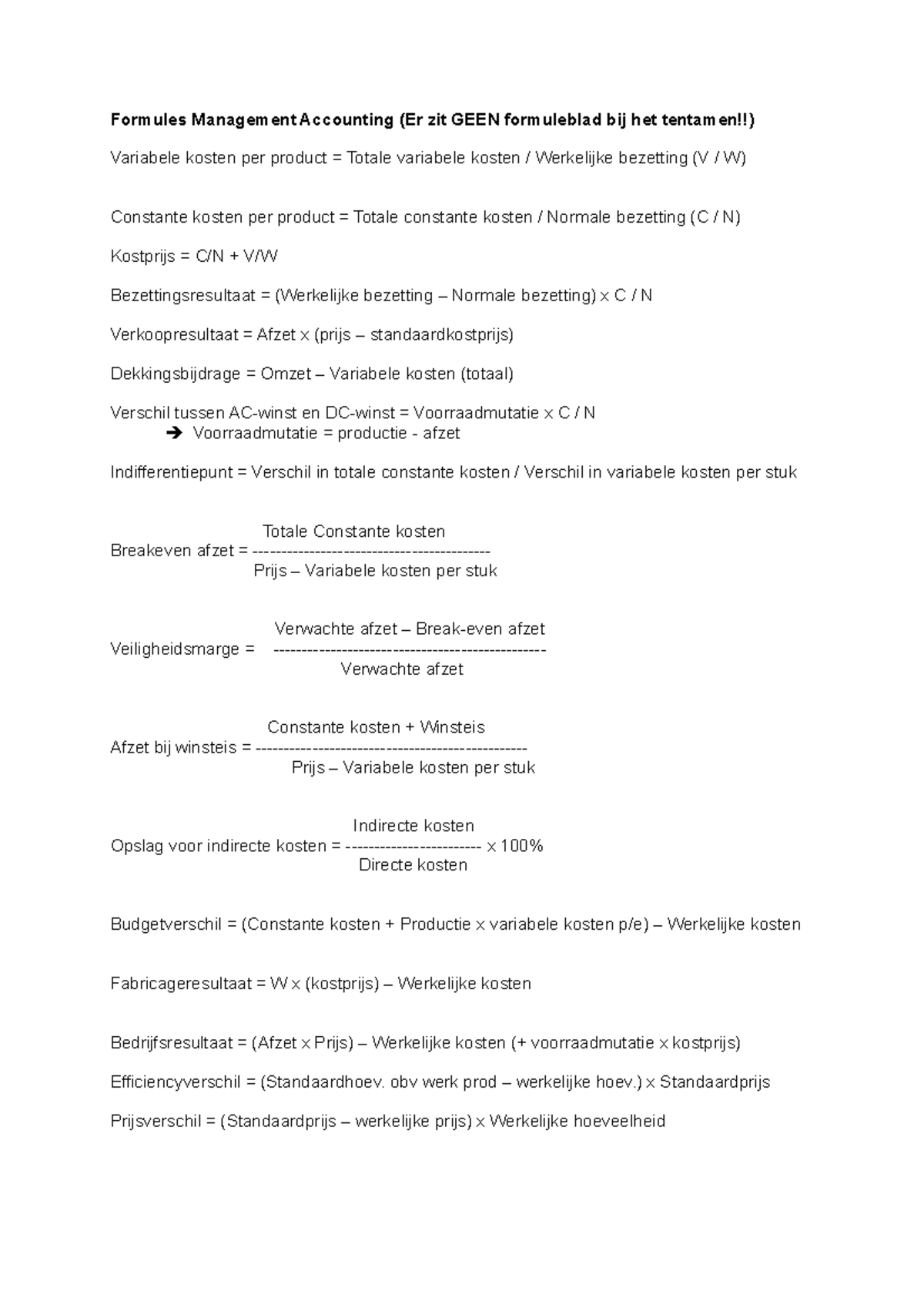 Formules Management Accounting Studeersnel