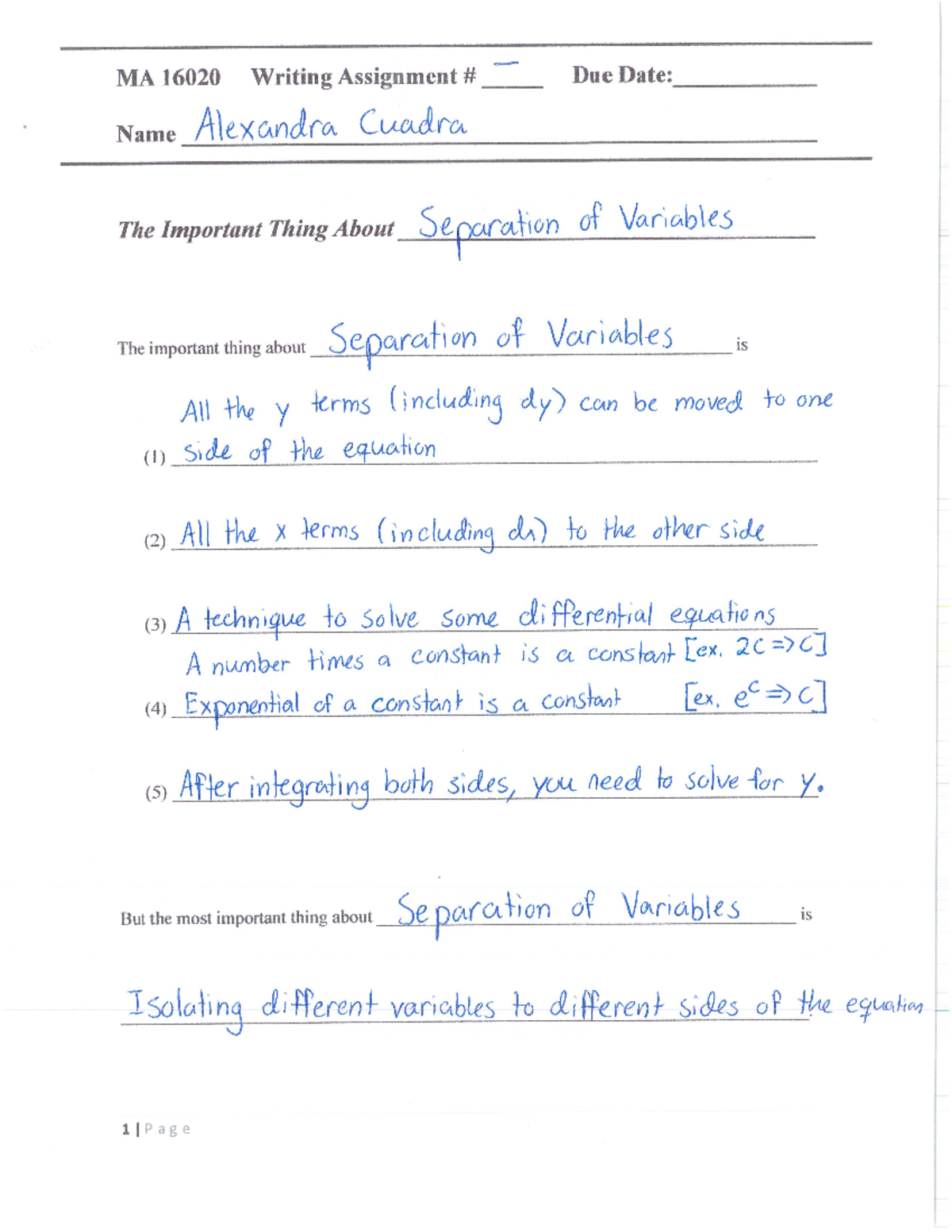 Example of WA Separation of Variables - MA 16010 - Studocu