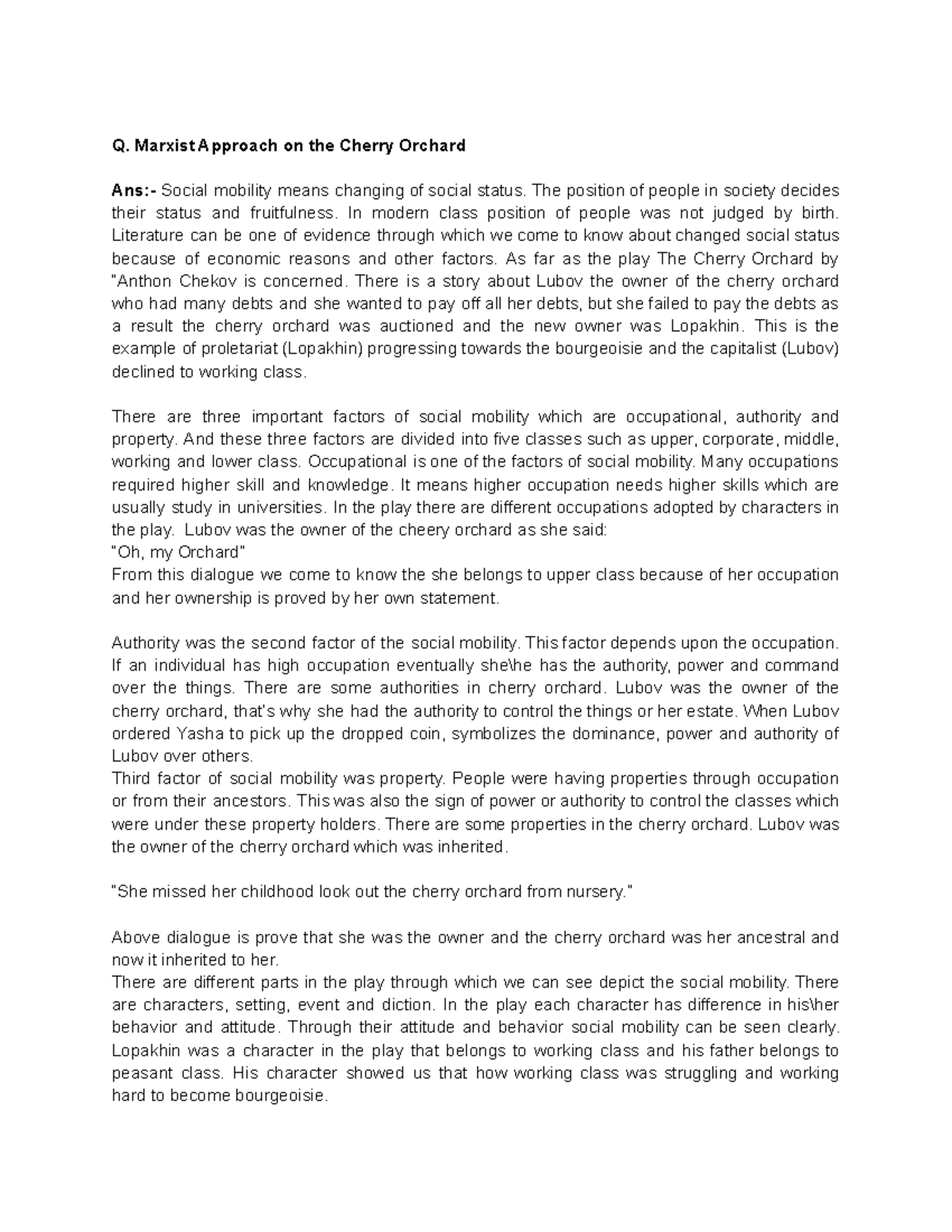 Marxist approach on 'The Cherry Orchard'-1 - Q. Marxist Approach on the ...
