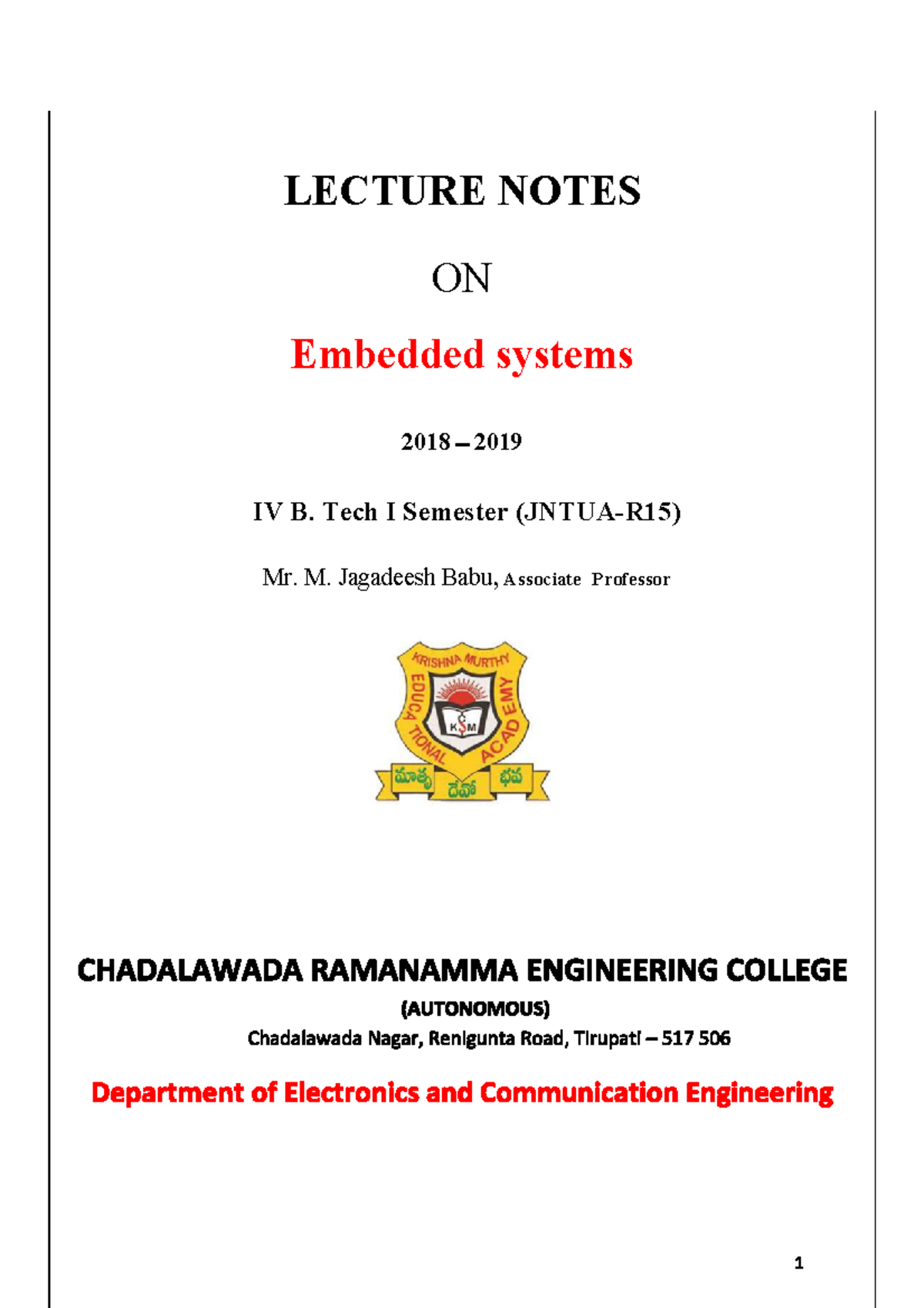 Final ES - Notes - LECTURE NOTES ON Embedded Systems 2018 2019 IV B ...