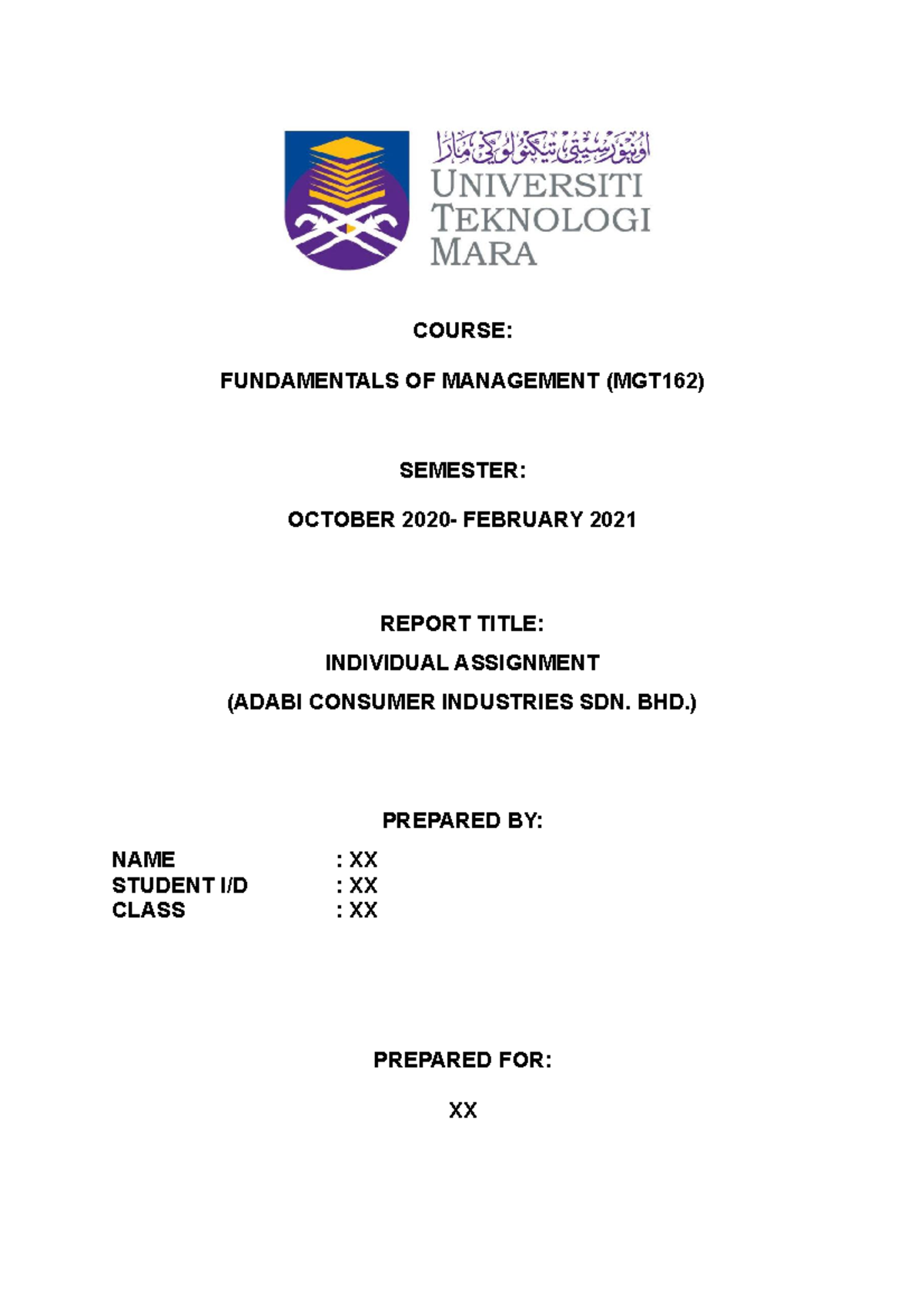 Mgt162 Indv Assign Course Fundamentals Of Management Mgt162 Semester October 2020 February Studocu