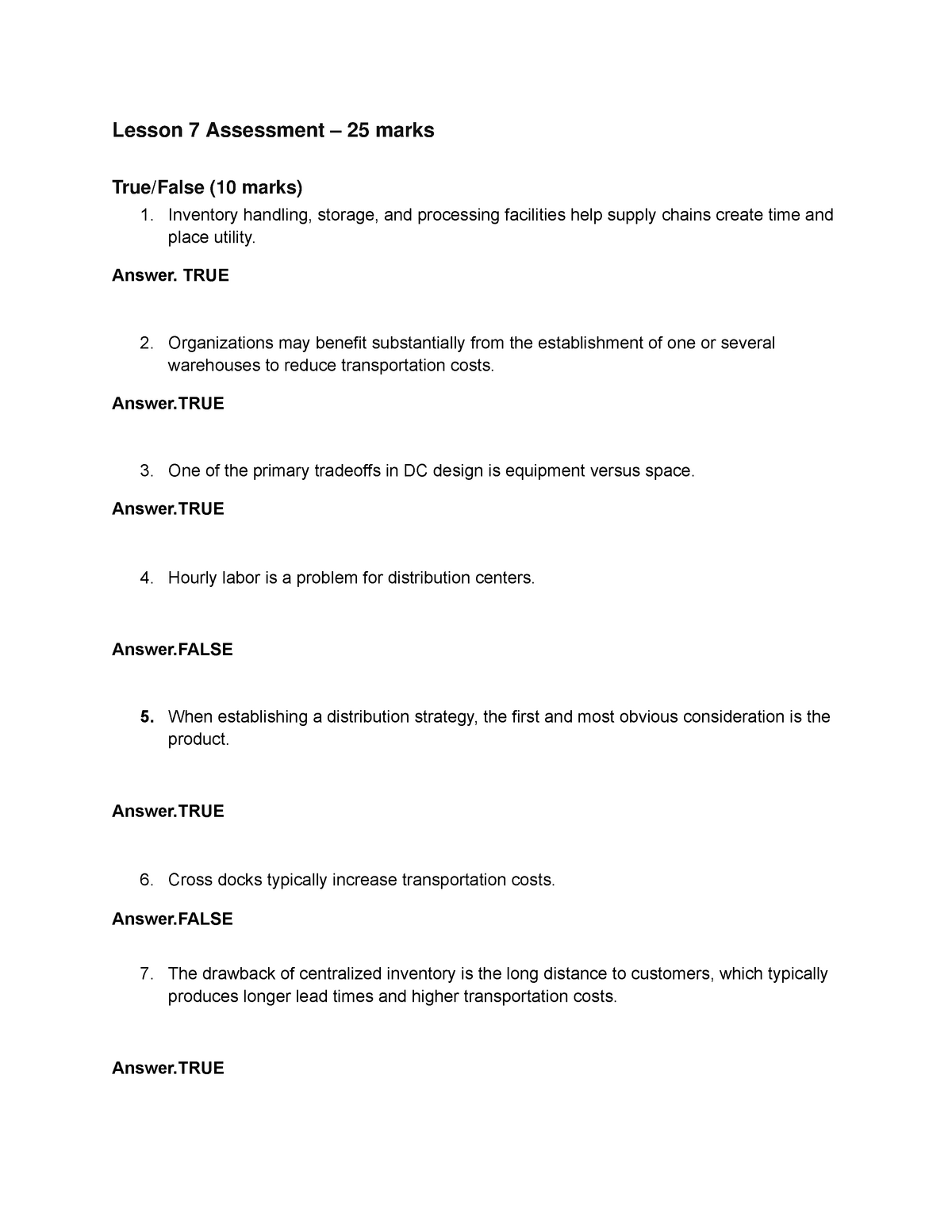 Lesson 7 Assessment - Supply Chain Management - Lesson 7 Assessment ...