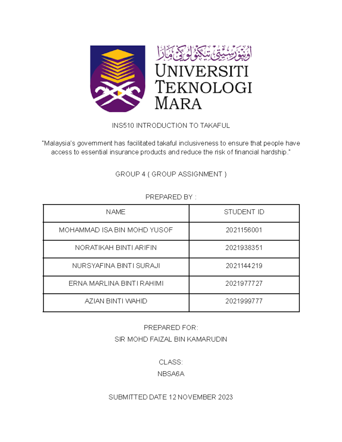 Group Assignment INS510 ( Group 4) - INS510 INTRODUCTION TO TAKAFUL ...