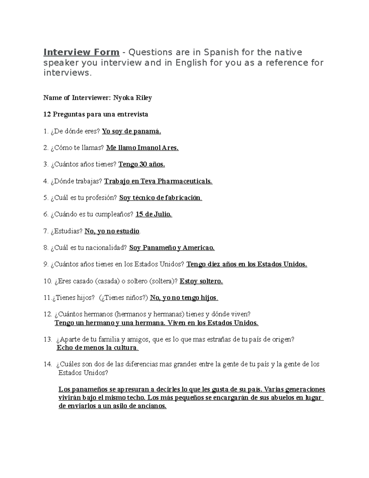 Interview Form 1 Extra Credit - Interview Form - Questions are in ...