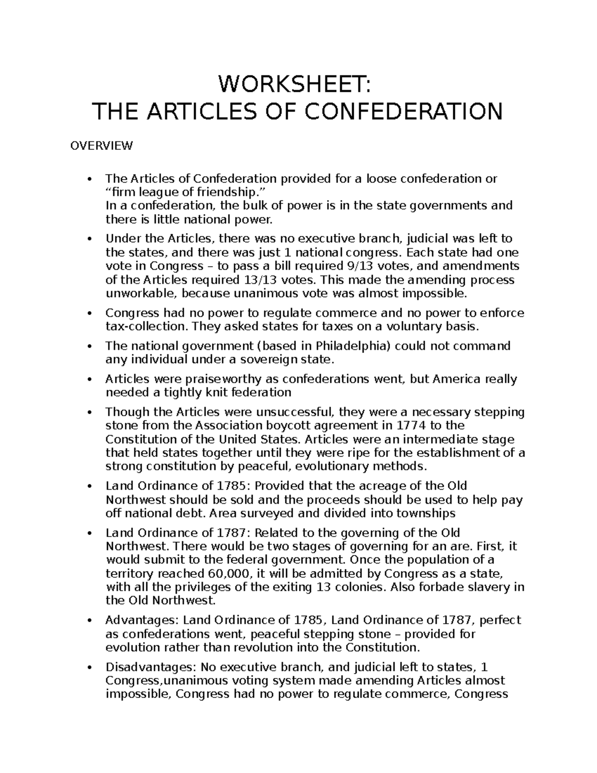 Worksheet-Articles of Confederation - WORKSHEET: THE ARTICLES OF