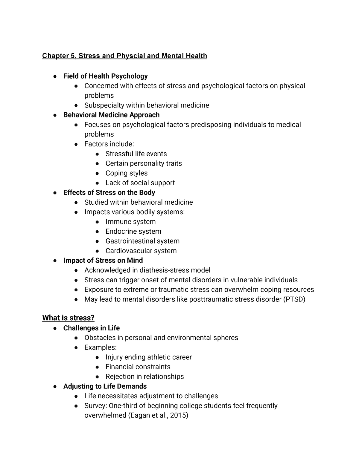 PSY 3604 - Psychopathology - Chapter 5, Stress And Physcial And Mental ...