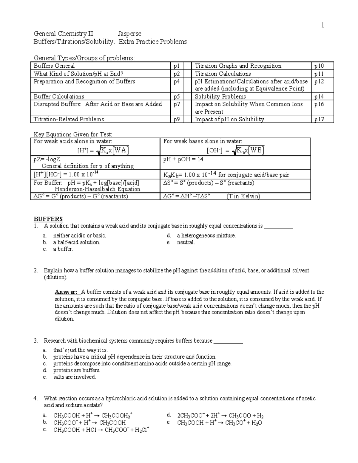 Test3 ch17b BufferTitrationEquilibrium Practice Problems General Chemistry II Jasperse Studocu