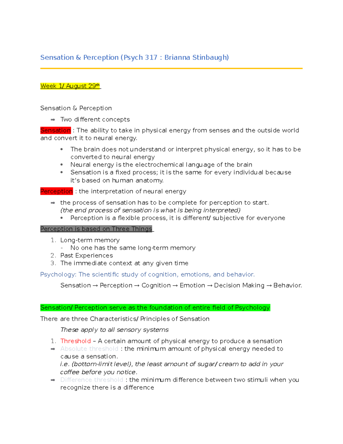 Sensation week 1 notes - Sensation & Perception (Psych 317 : Brianna ...