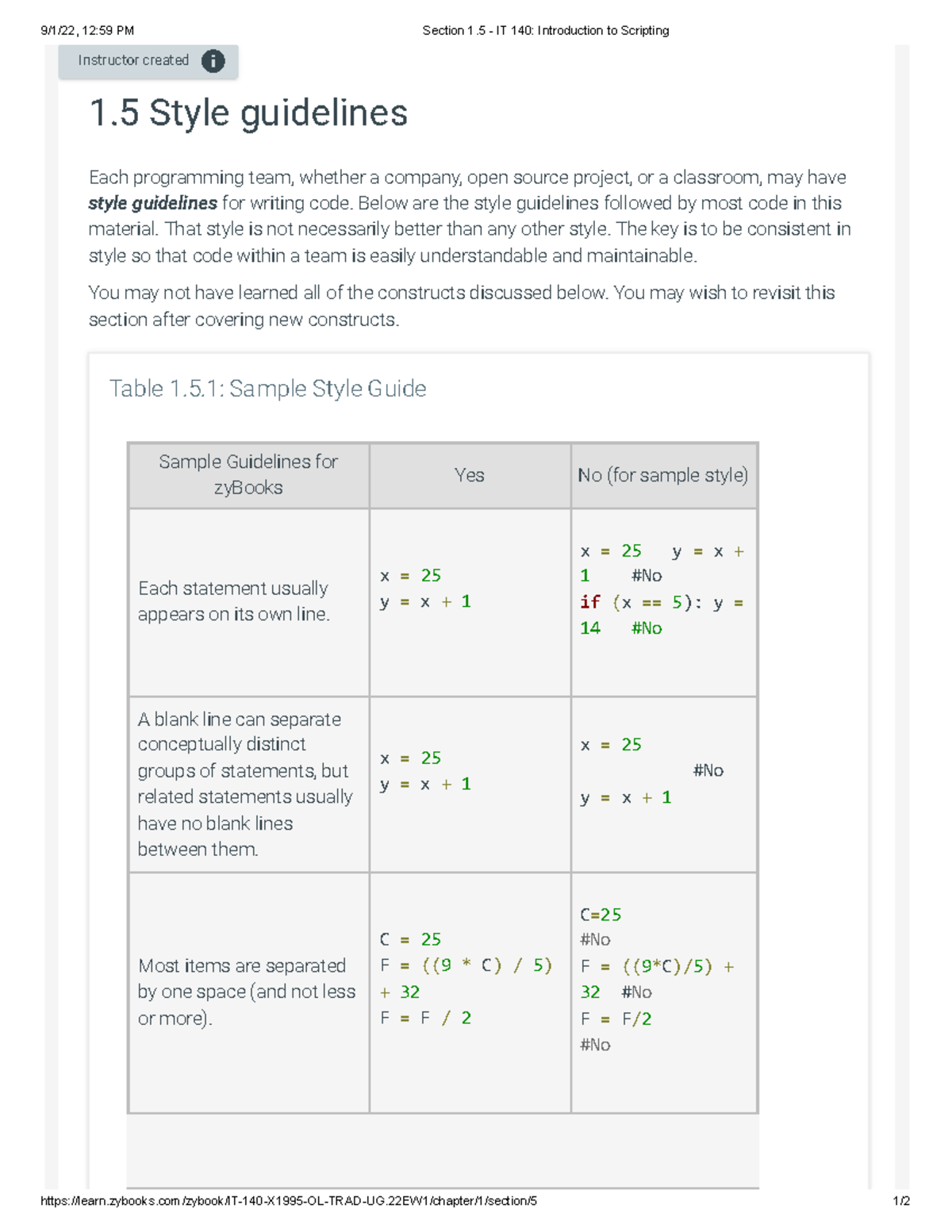 1.5 Style guidelines - 9/1/22, 12:59 PM Section 1 - IT 140 ...