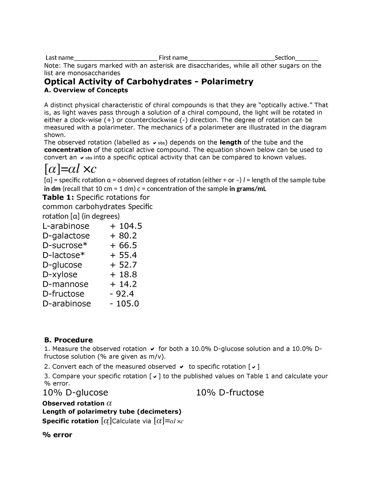 Carbohydrate lab - Last name_________________________ First - Studocu