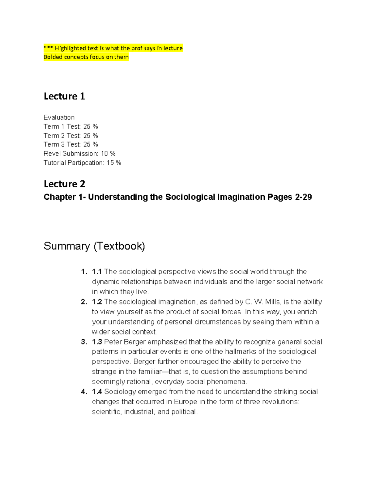 Sociol 1Z03 Lecture Textbook Notes - *** Highlighted Text Is What The ...