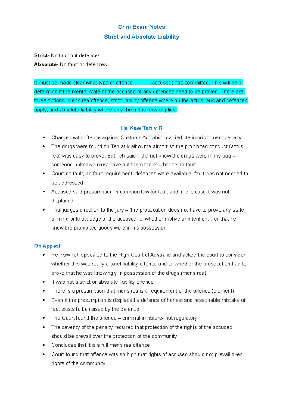 Strict and Absolute Liability Template EXAM - Crim Exam Notes Strict ...