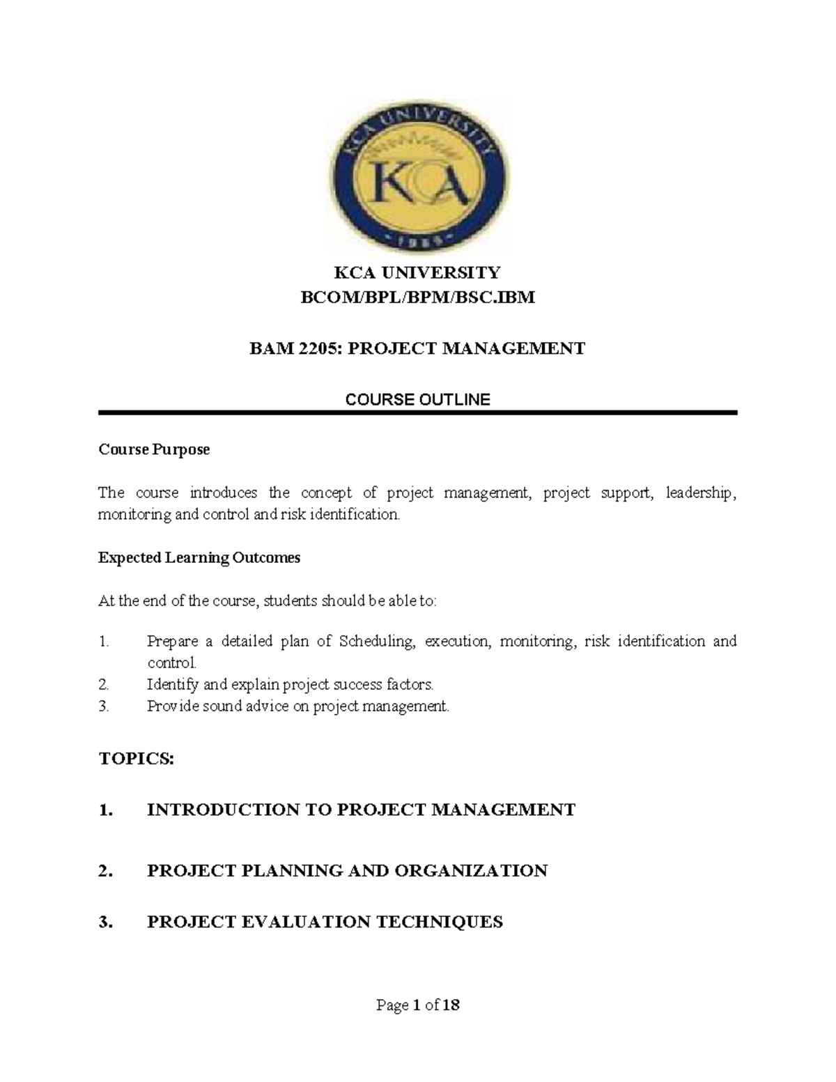 Introduction TO Project Management - KCA UNIVERSITY BCOM/BPL/BPM/BSC ...